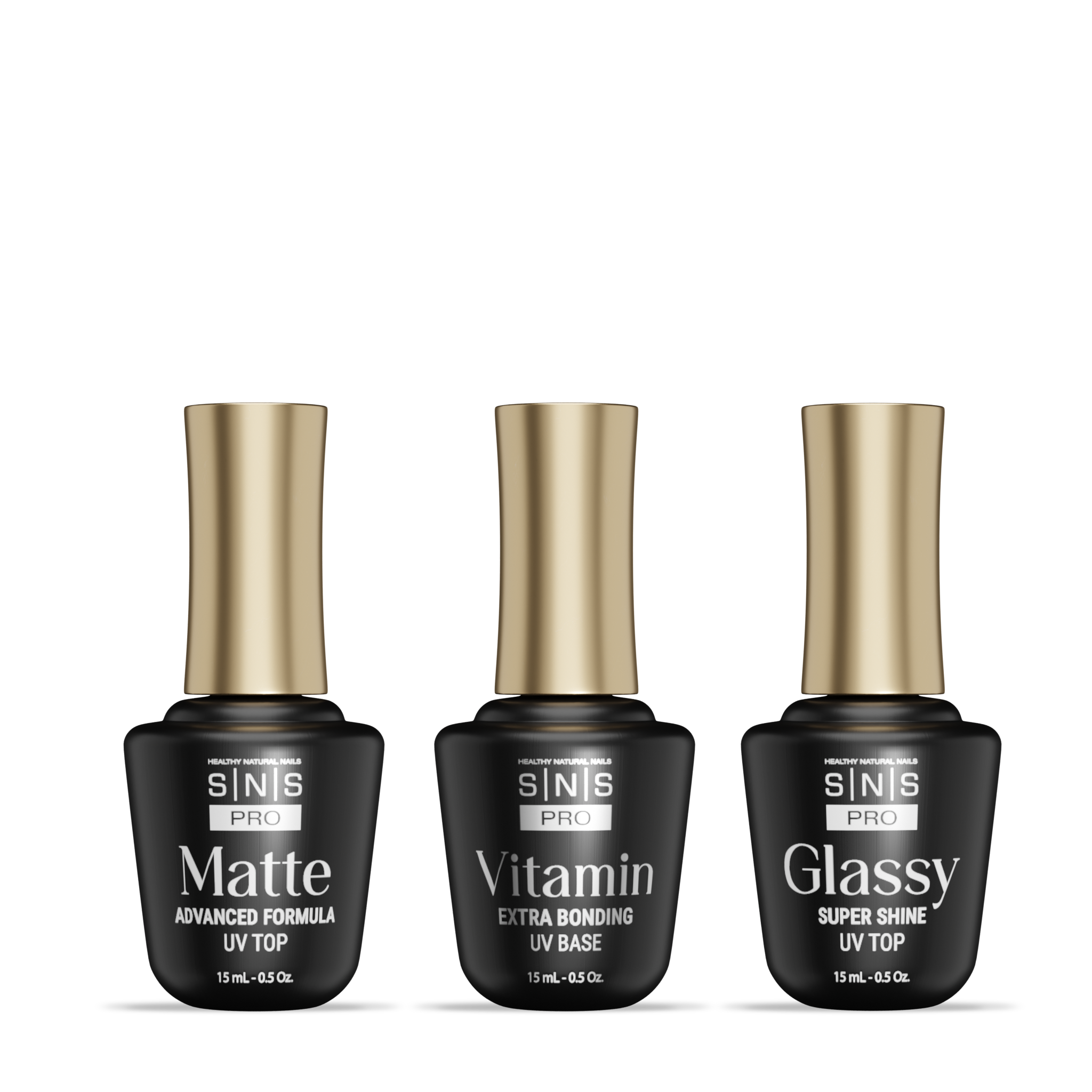 SNS Matte UV Gel Top Coat, Glassy Super Shine UV Gel Top Coat, Vitamin Extra Bonding UV Gel Base Coat 15ml