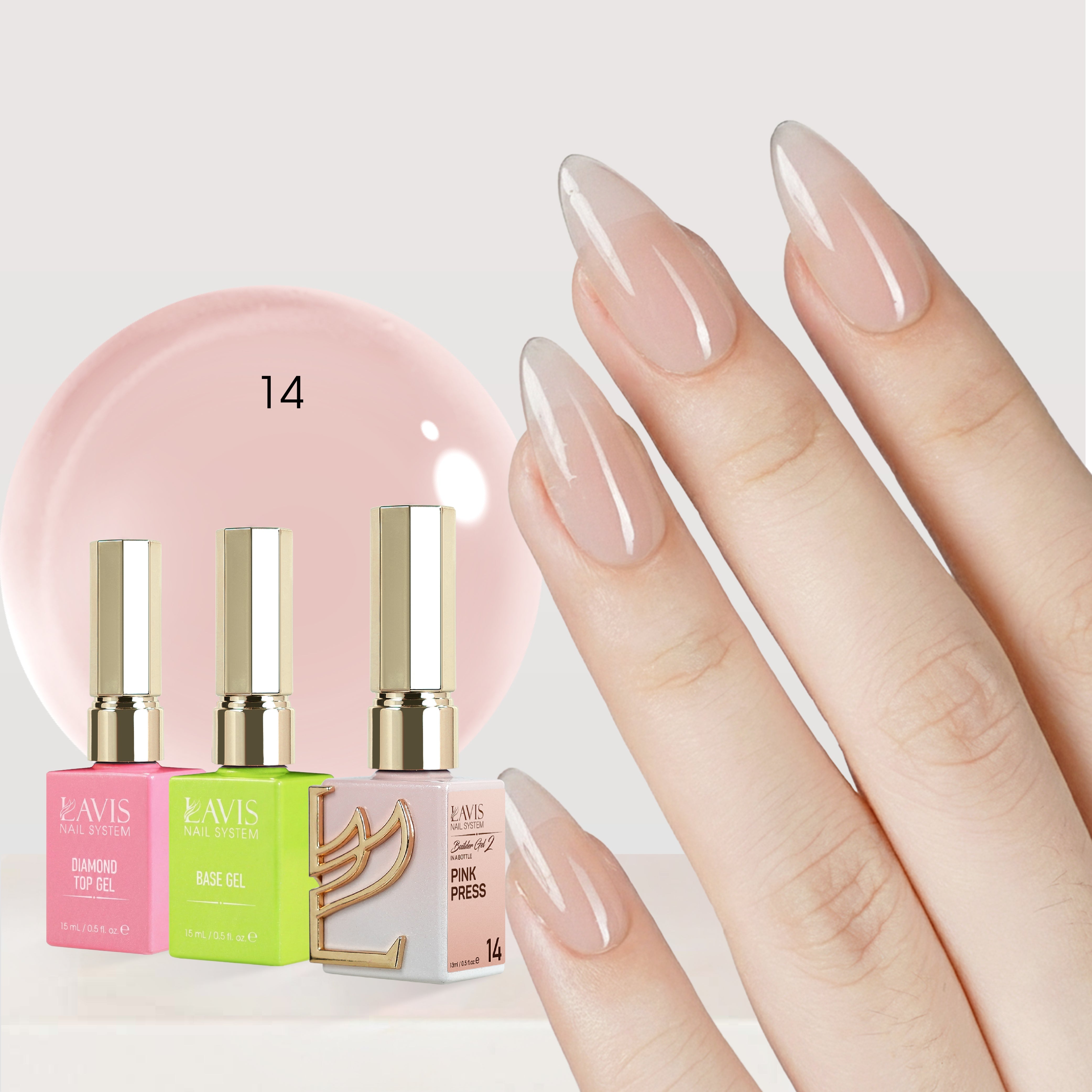 LAVIS Builder Gel in the Bottle Kit 3: 14-Pink Press, Base, Top - 15ml