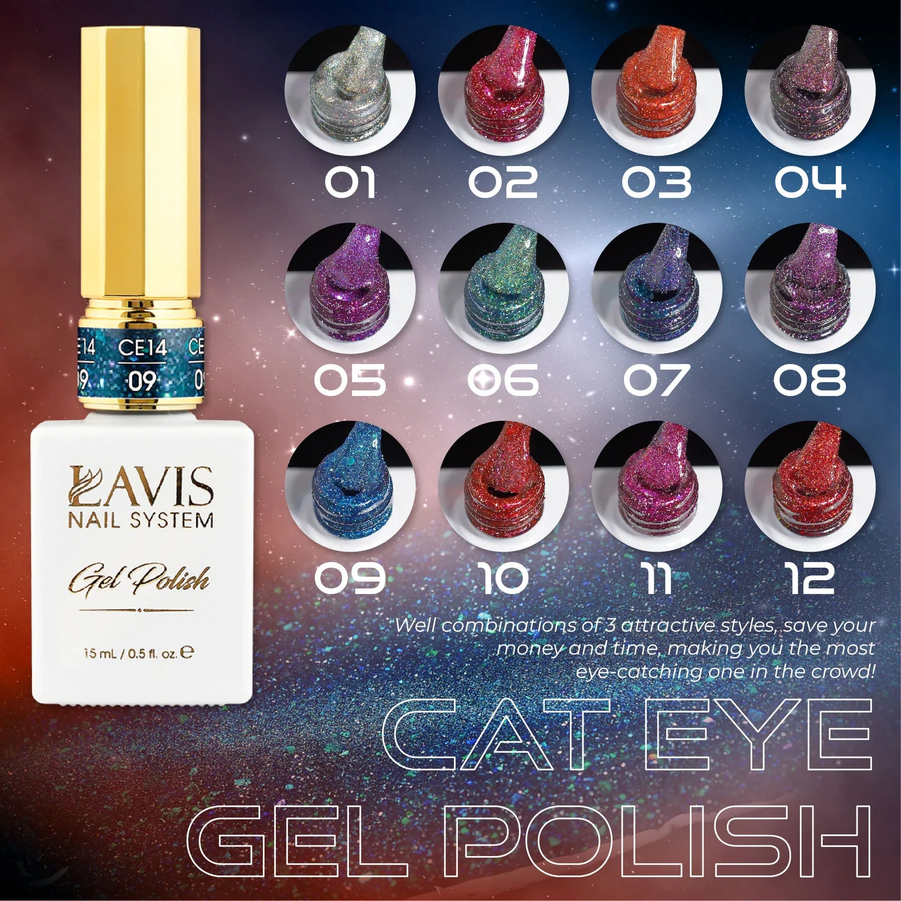 LAVIS Cat Eyes CE14 - 09 (Ver1) - Gel Polish 0.5 oz - Cosmic Voltage Collection