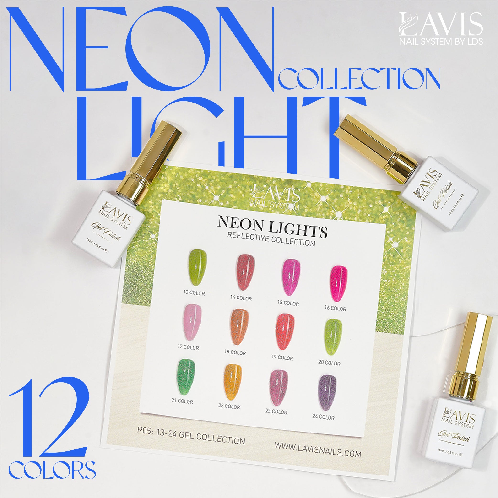 LAVIS Reflective R05 - Set 12 Colors (13-24) - Gel Polish 0.5 oz - Neon Lights Reflective Collection