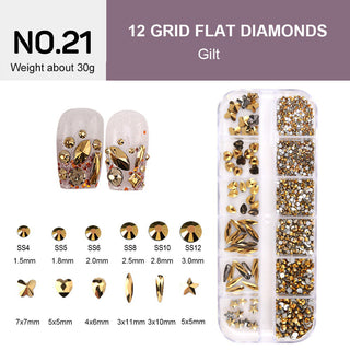 12 Grids Flat Diamonds Rhinestones #21 Gilt