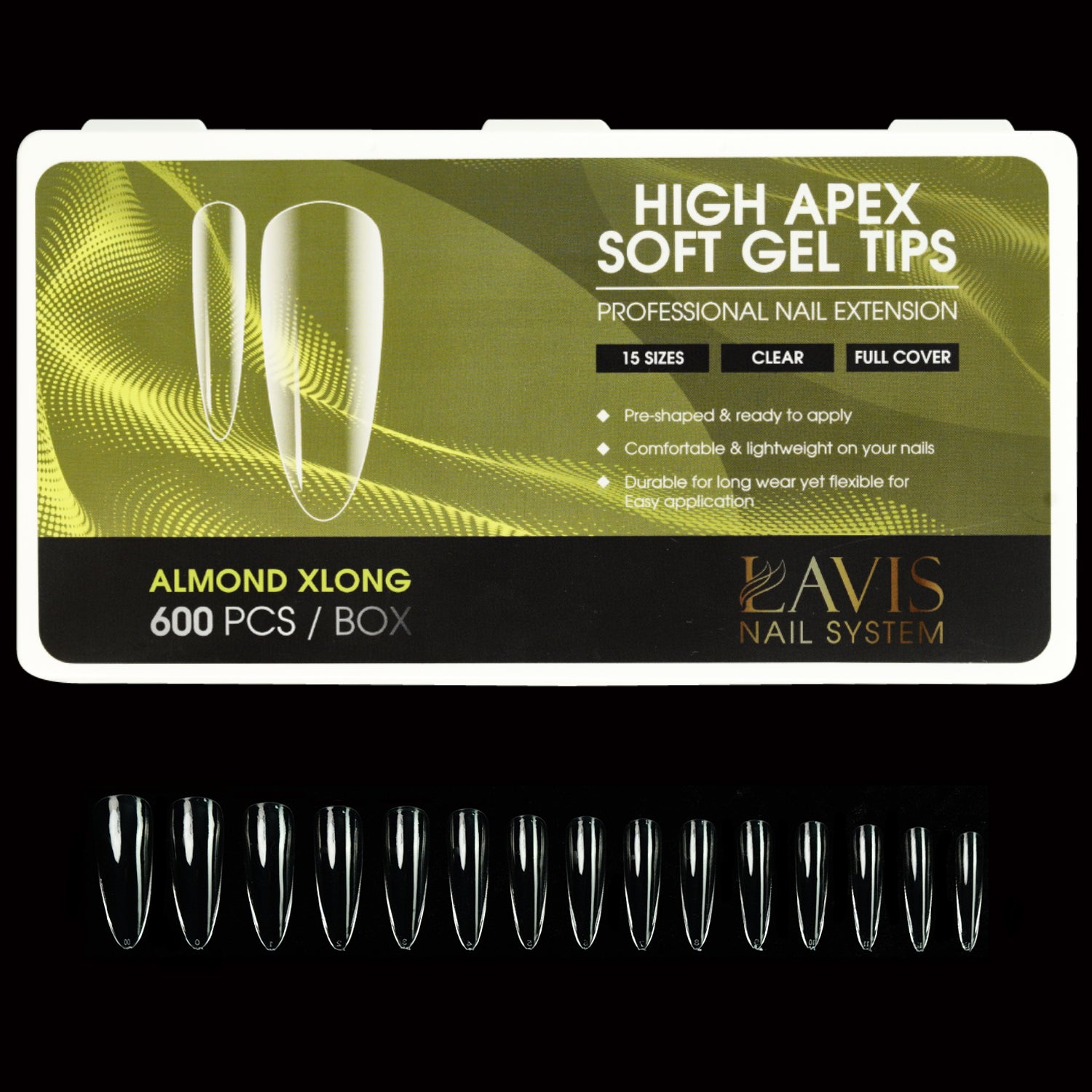 LAVIS Almond Xlong - 15 Sizes Clear - High Apex Soft Gel Tips