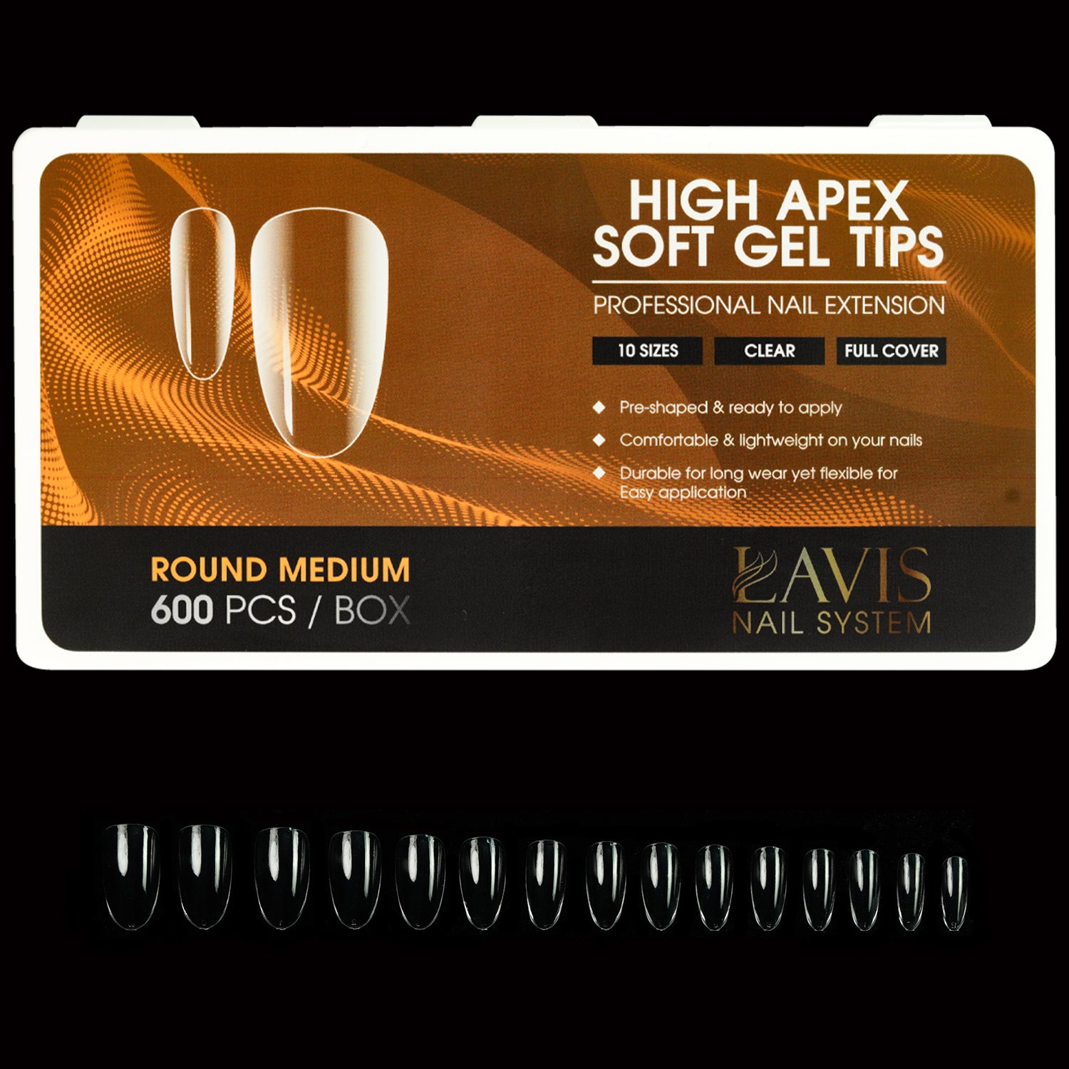 LAVIS Round Medium - 10 Sizes Clear - High Apex Soft Gel Tips