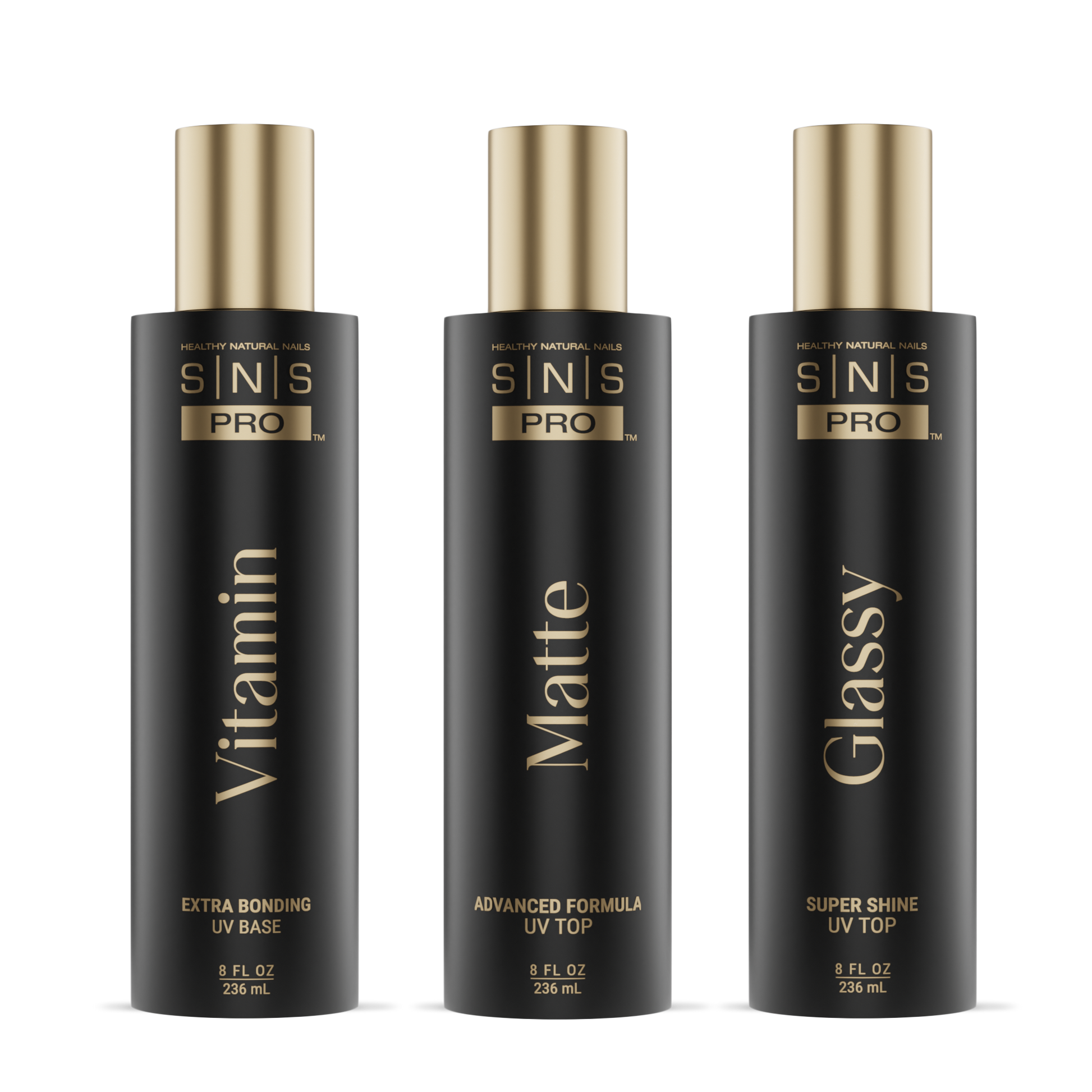 SNS Matte UV Gel Top Coat, Glassy Super Shine UV Gel Top Coat, Vitamin Extra Bonding UV Gel Base Coat 8oz