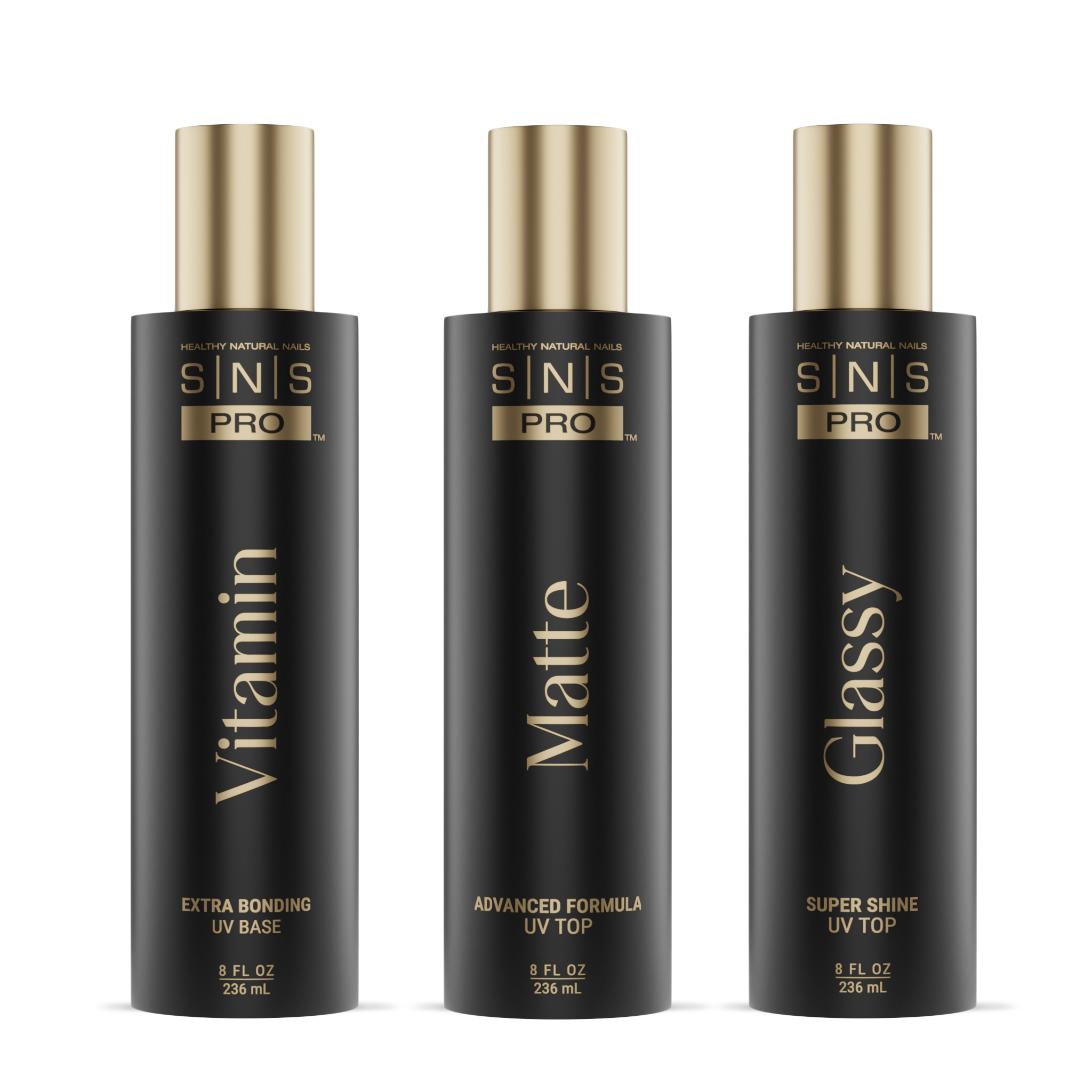 SNS Matte UV Gel Top Coat, Glassy Super Shine UV Gel Top Coat, Vitamin Extra Bonding UV Gel Base Coat 8oz