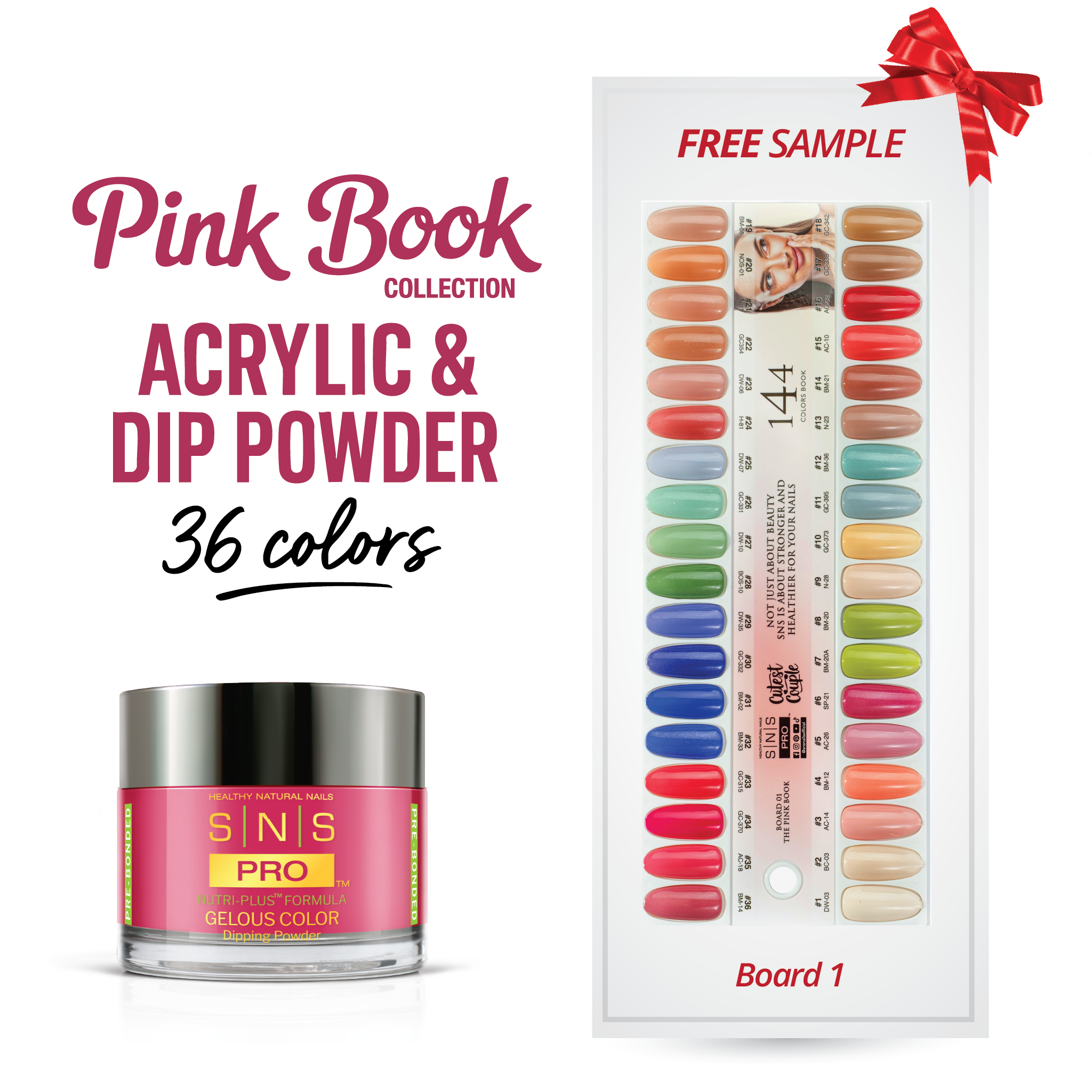 SNS Pro Dipping & Acrylic Powder - Set 36 Colors - Board 01 Pink Collection (001 - 036)