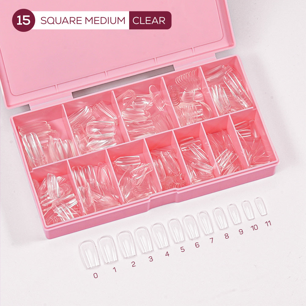 LDS - 15 Square Medium Clear Nail Tips (Full Cover)
