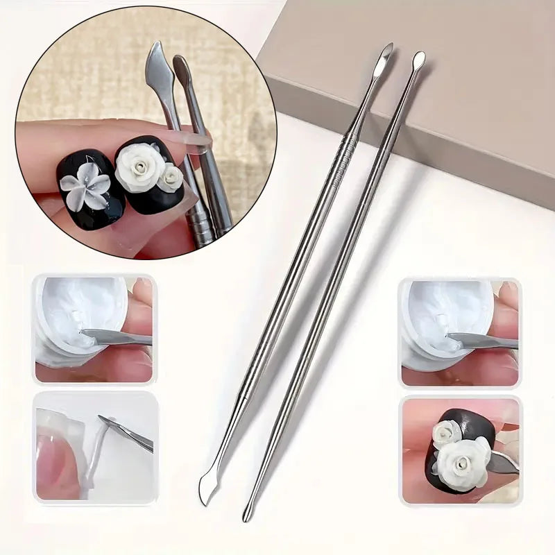 Double Head Nail Art Carving Stick, 3D Petal & Leaf Blade Design, Detailing & Gel Tool, 16.5cm Professional Manicure Tool