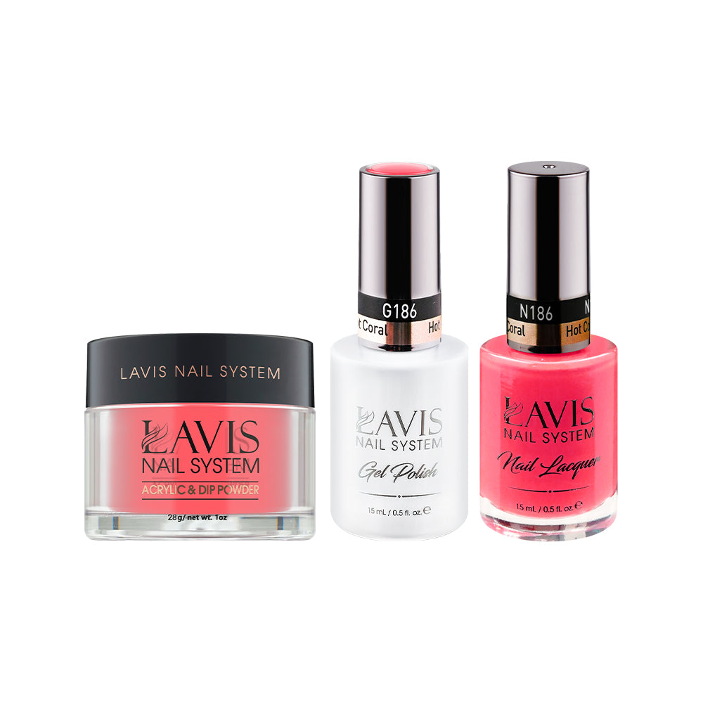 LAVIS 3 in 1 - 186 Hot Coral - Acrylic & Dip Powder (1oz), Gel & Lacquer