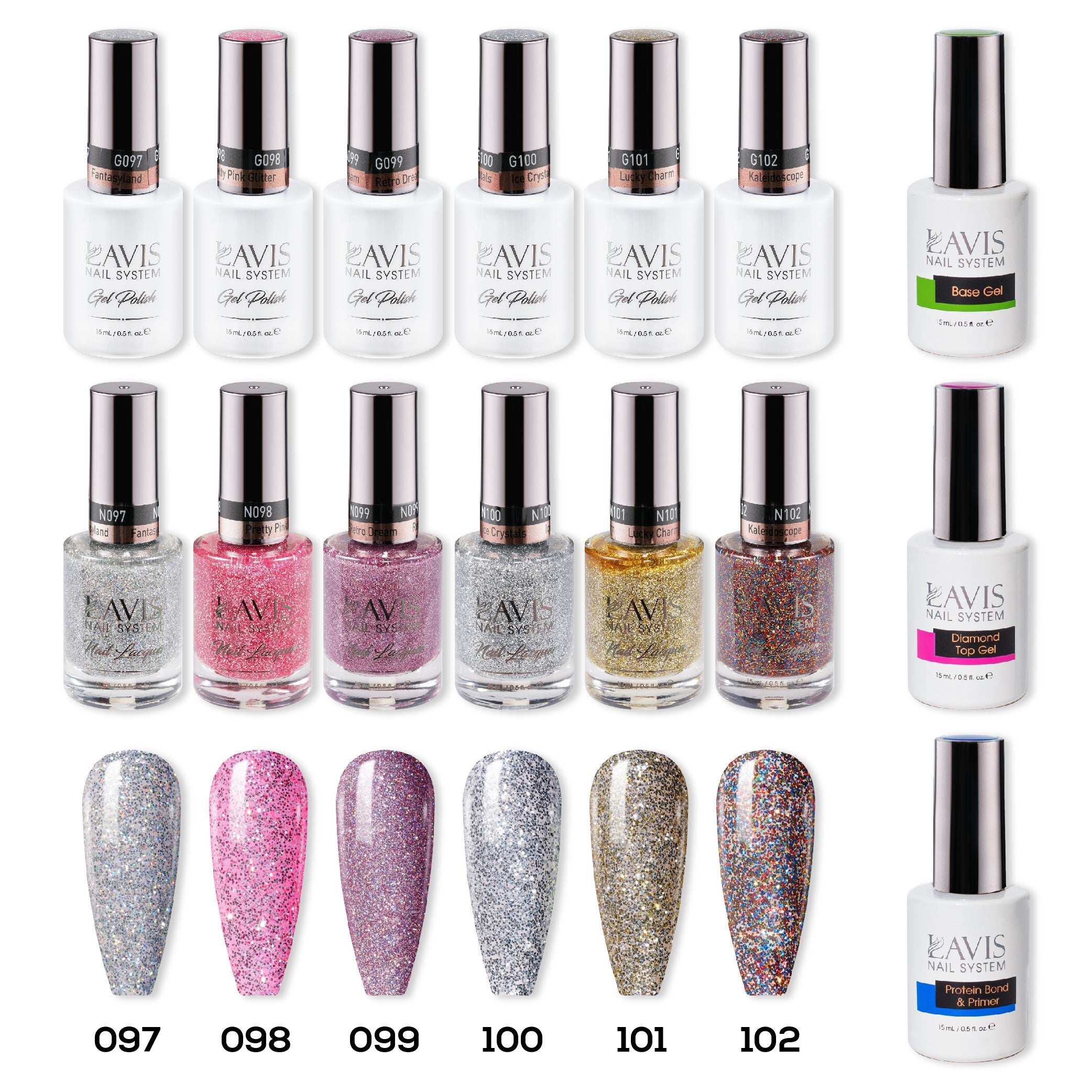  LAVIS Healthy Gel & Matching Lacquer Starter Kit FLASHY BEYOND DIVA : 097, 098, 099, 100, 101, 102, Base,Top & Bond Primer