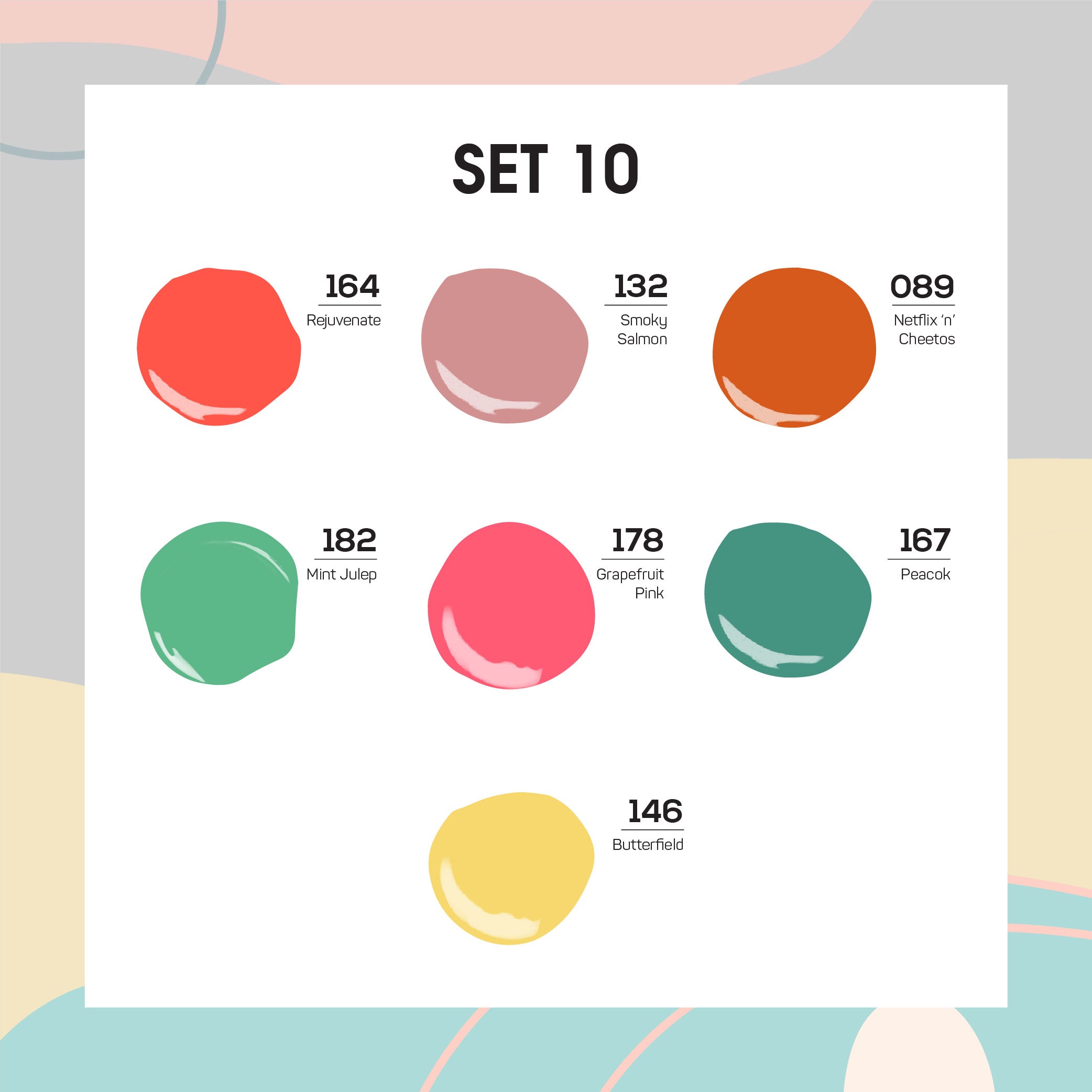 Lavis Holiday Collection: 7 Gel Polishes, 1 Base Gel, 1 Top Gel - Set 10 - 164, 132, 089, 182, 178, 167, 146 + BT