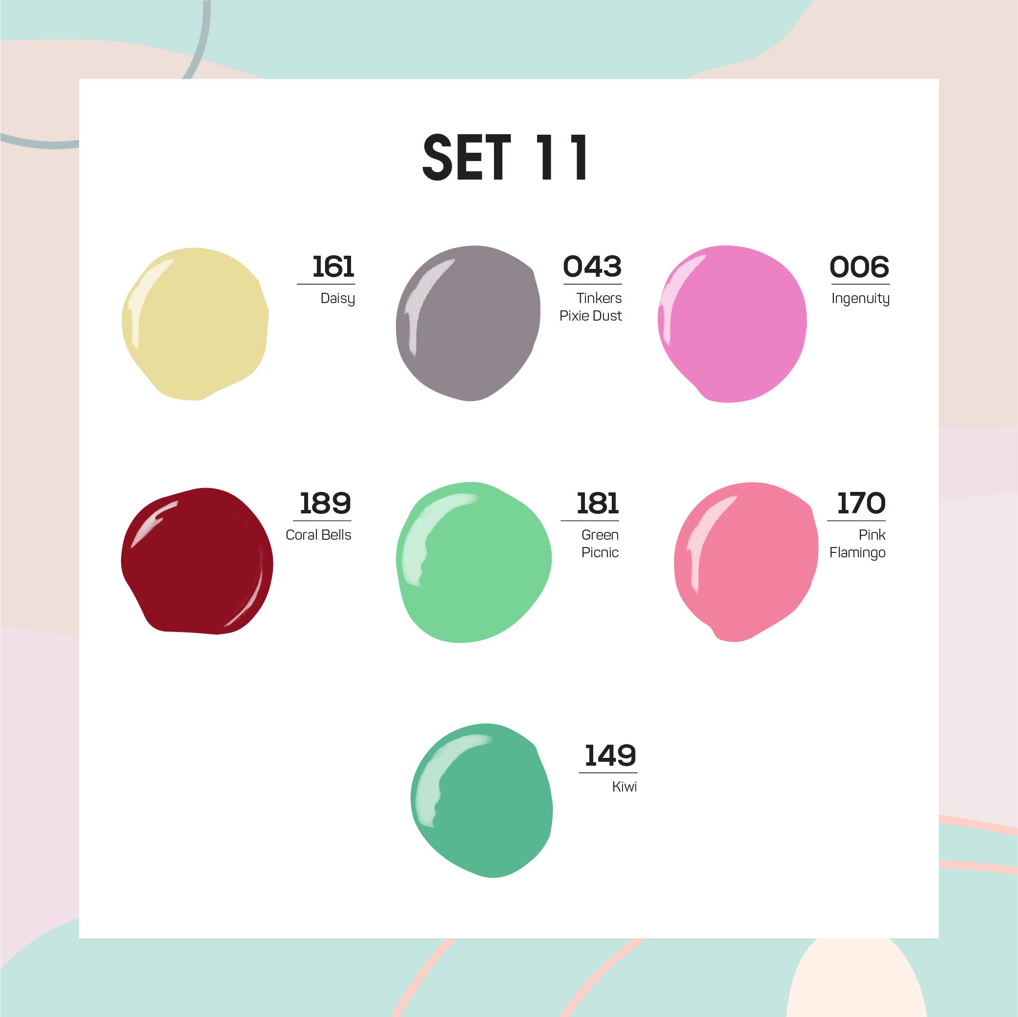 Lavis Holiday Collection: 7 Gel Polishes, 1 Base Gel, 1 Top Gel - Set 11 - 161, 043, 006, 189, 181, 170, 149 + BT