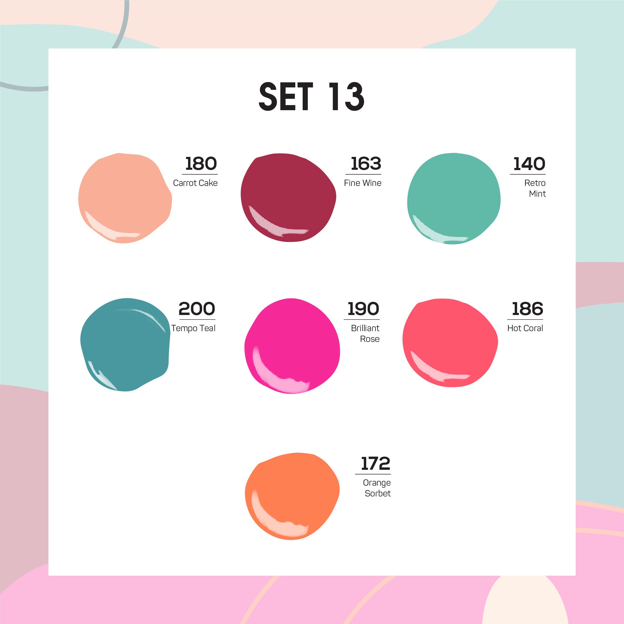 Lavis Holiday Collection: 7 Gel Polishes, 1 Base Gel, 1 Top Gel - Set 13 - 180, 163, 140, 200, 190, 186, 172 + BT