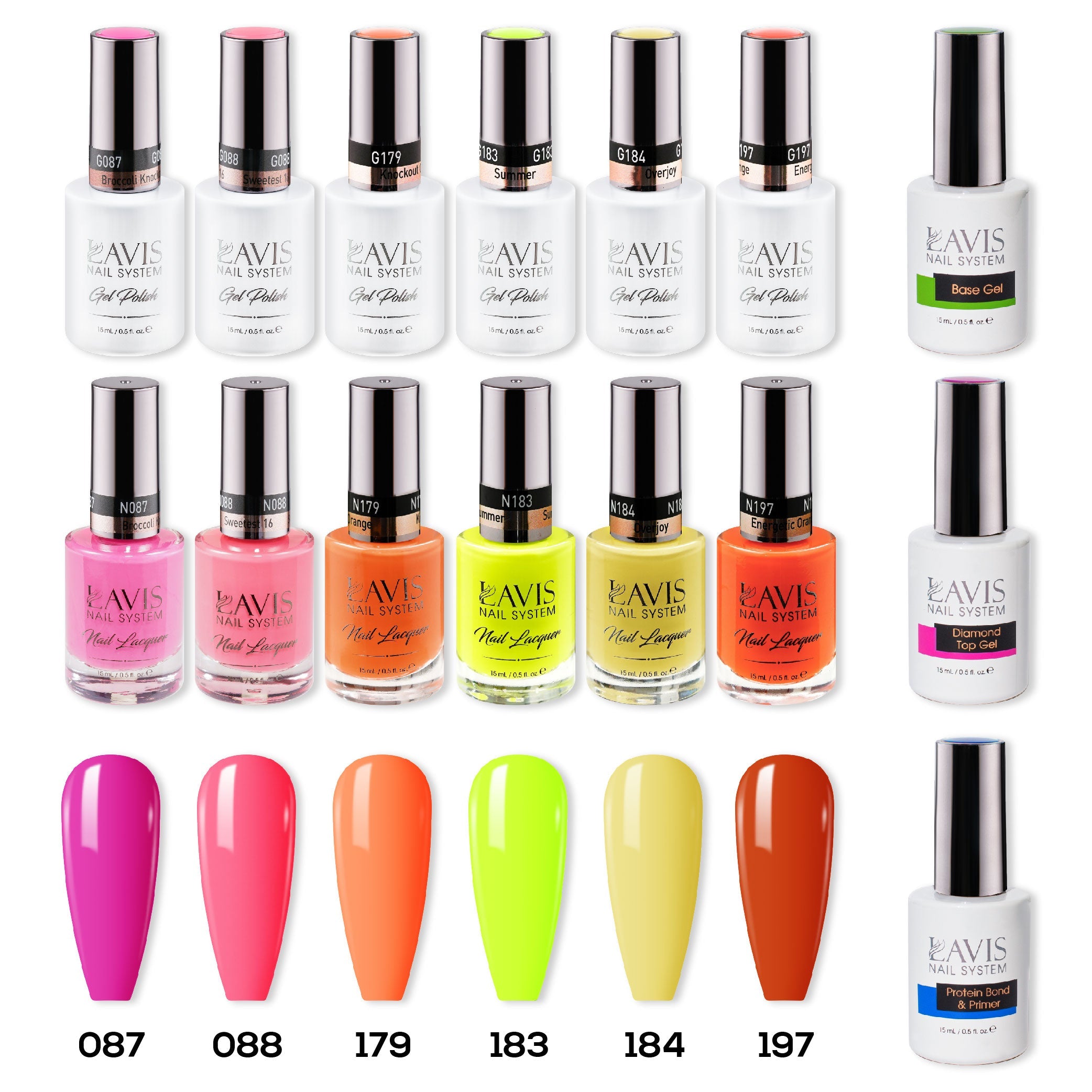  LAVIS Healthy Gel & Matching Lacquer Starter Set 14 : 087, 088, 179, 183, 184, 197, Base,Top & Bond Primer