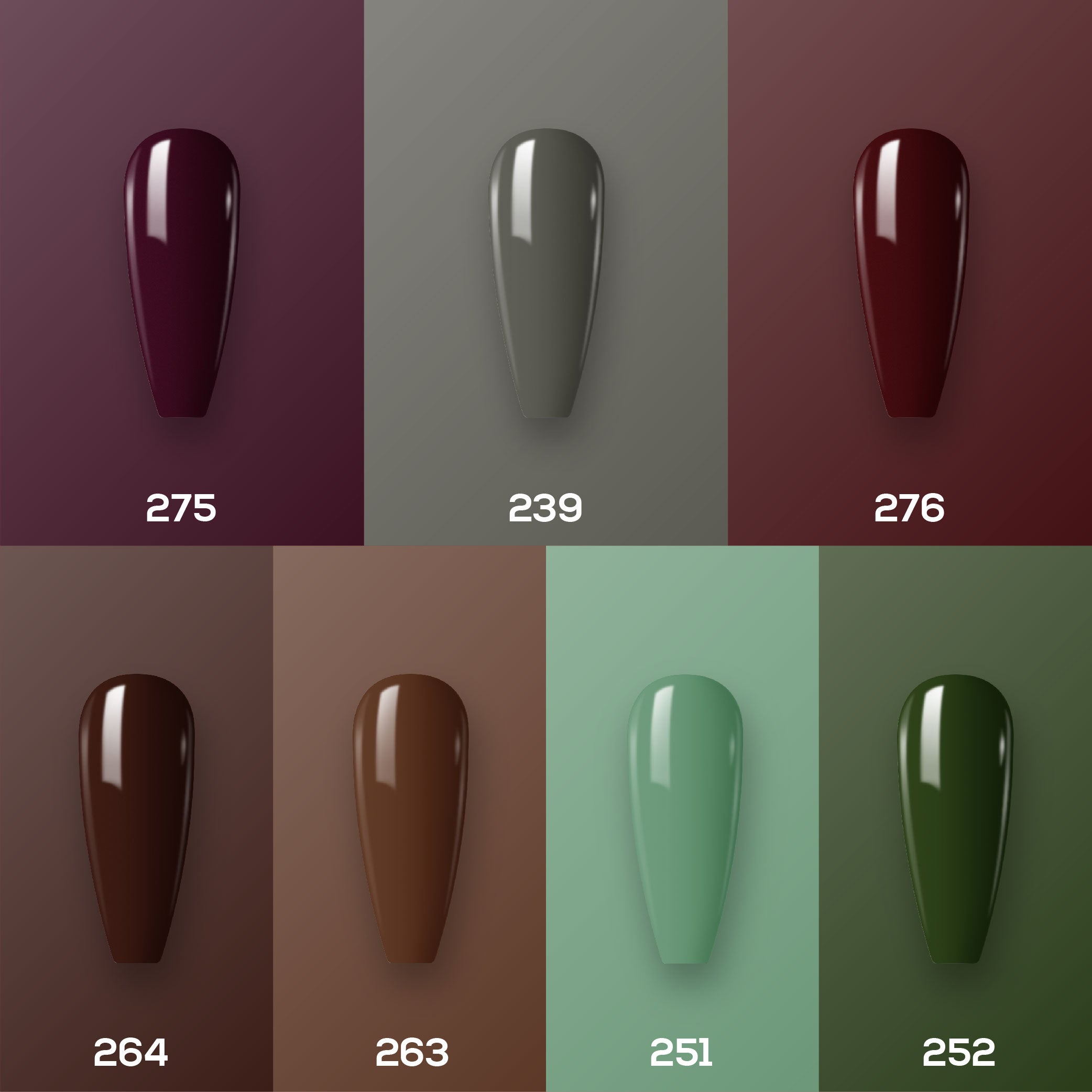 Lavis Holiday Collection: 7 Gel Polishes, 1 Base Gel, 1 Top Gel - Set 19 - 275, 239, 276, 264, 263, 251, 252 + BT