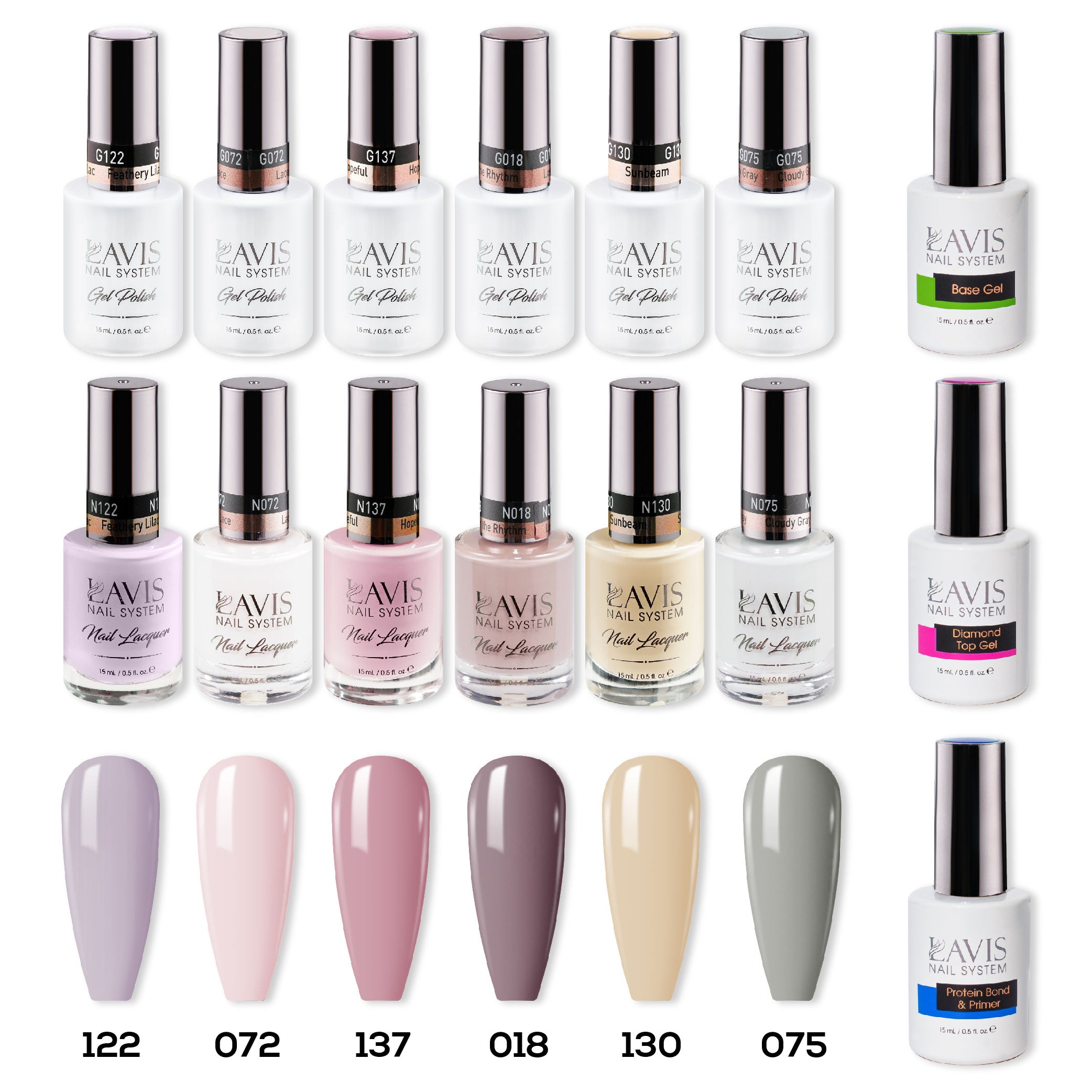  LAVIS Healthy Gel & Matching Lacquer Starter Set 6 : 122, 072, 137, 018, 130, 075, Base,Top & Bond Primer