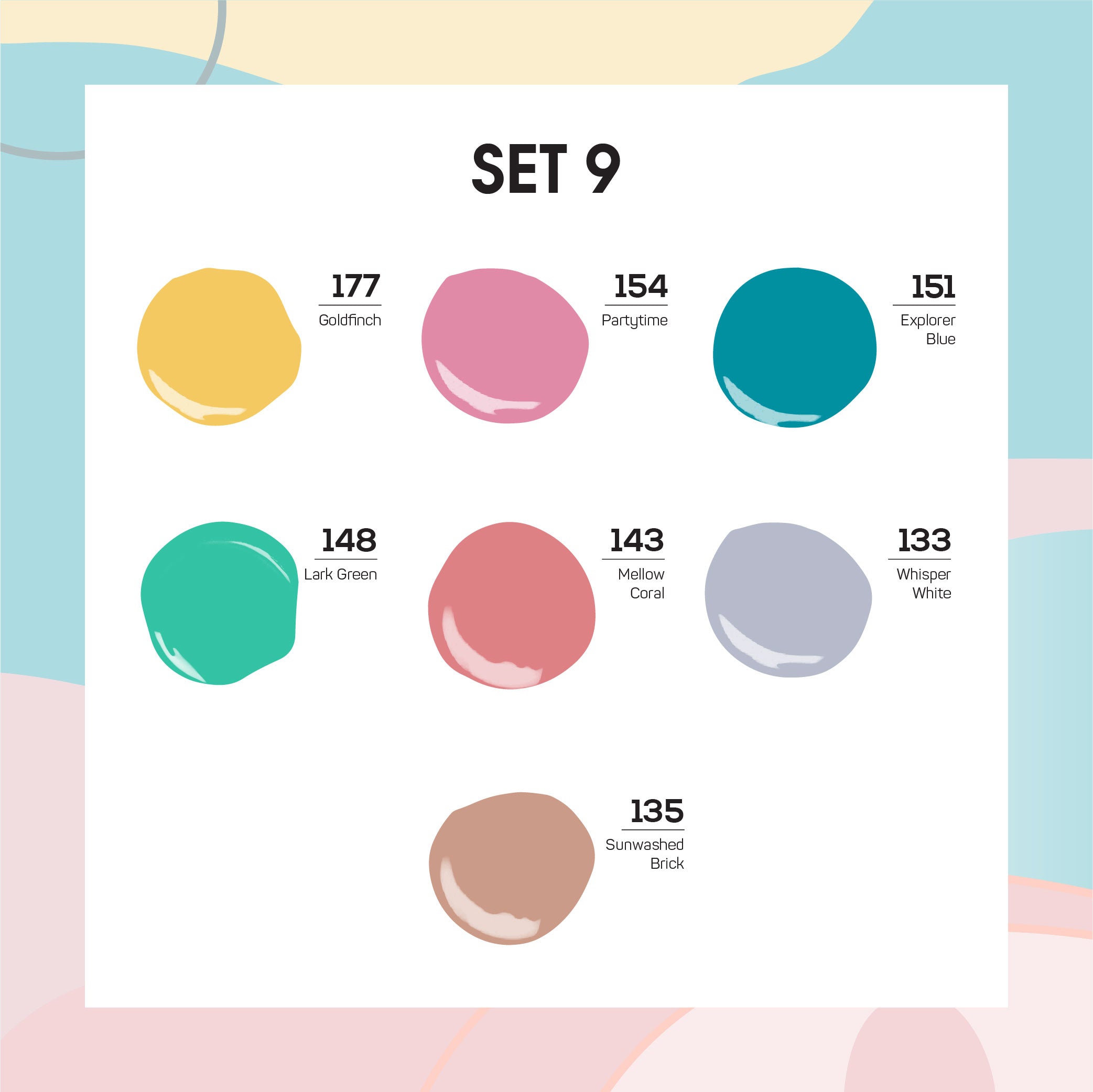 Lavis Holiday Collection: 7 Gel Polishes, 1 Base Gel, 1 Top Gel - Set 9 - 177, 154, 151, 148, 143, 133, 155 + BT