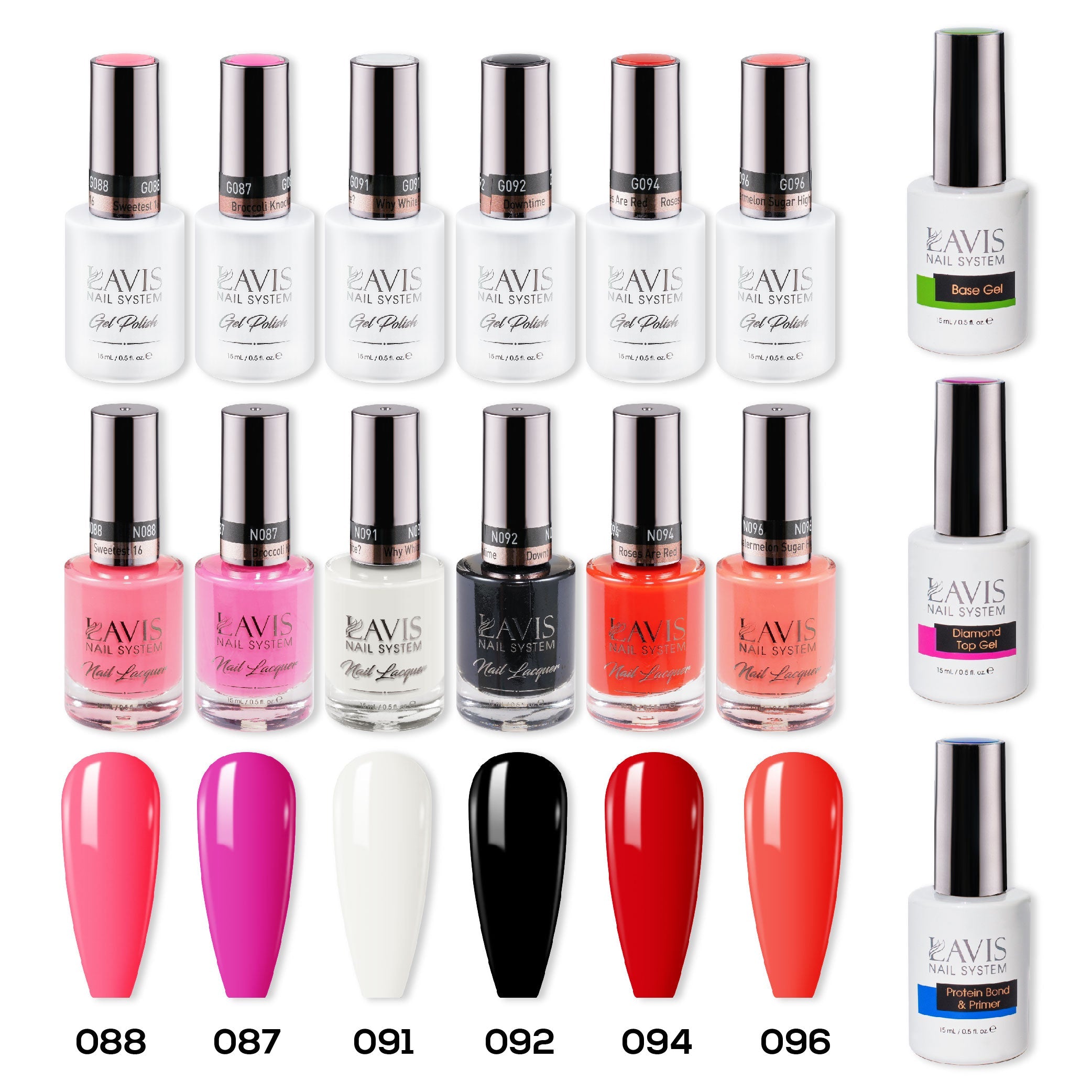  LAVIS Healthy Gel & Matching Lacquer Starter Summer Set G2: 088, 087, 091, 092, 094, 096, Base,Top & Bond Primer