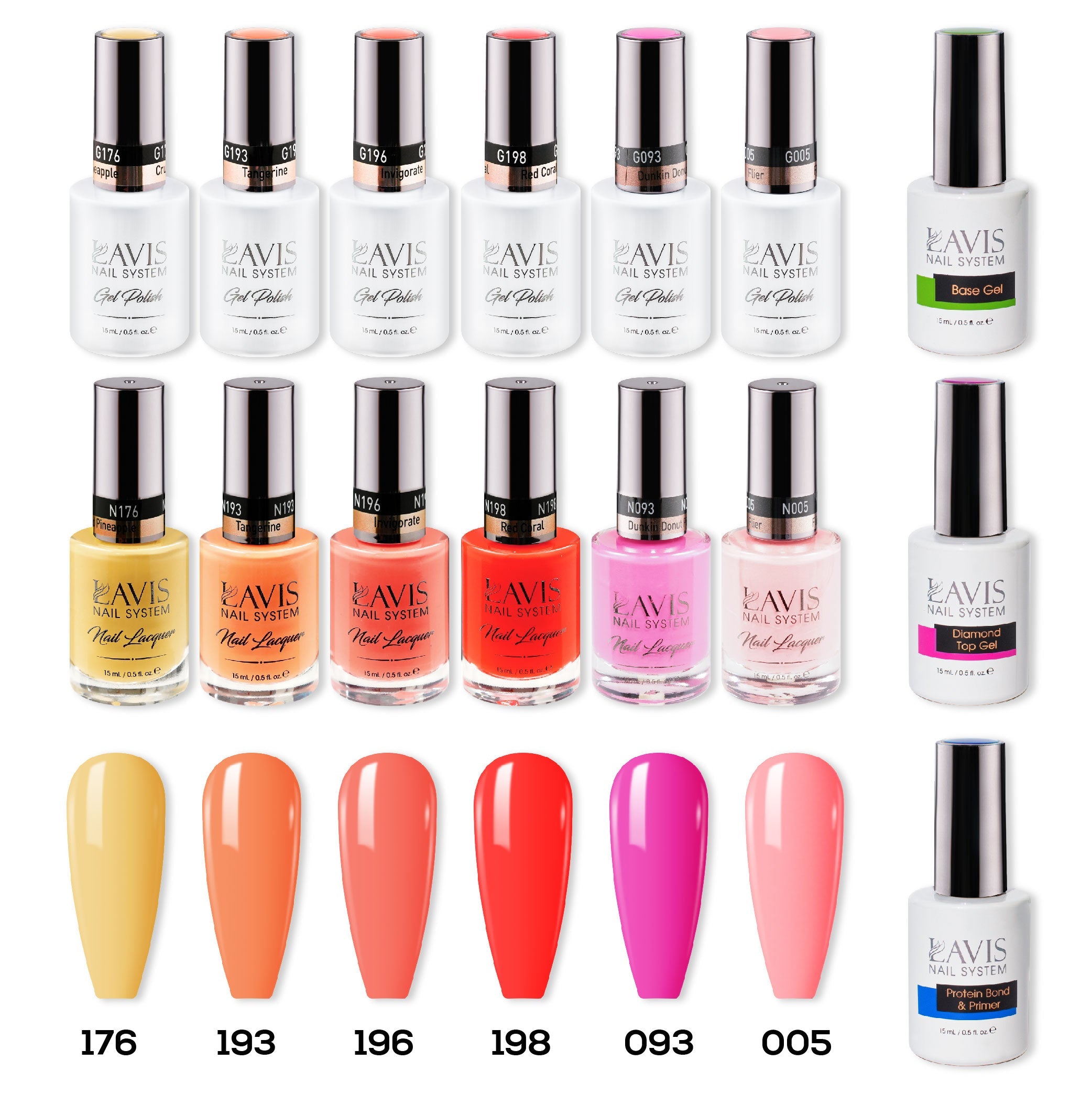  LAVIS Healthy Gel & Matching Lacquer Starter Summer Set G4: 176, 193, 196, 198, 093, 005, Base,Top & Bond Primer