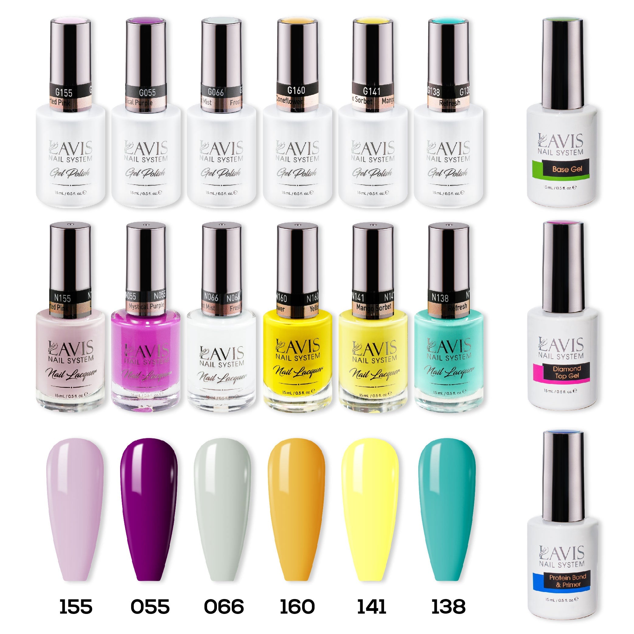  LAVIS Healthy Gel & Matching Lacquer Starter Summer Set G6: 155, 055, 066, 160, 141, 138, Base,Top & Bond Primer