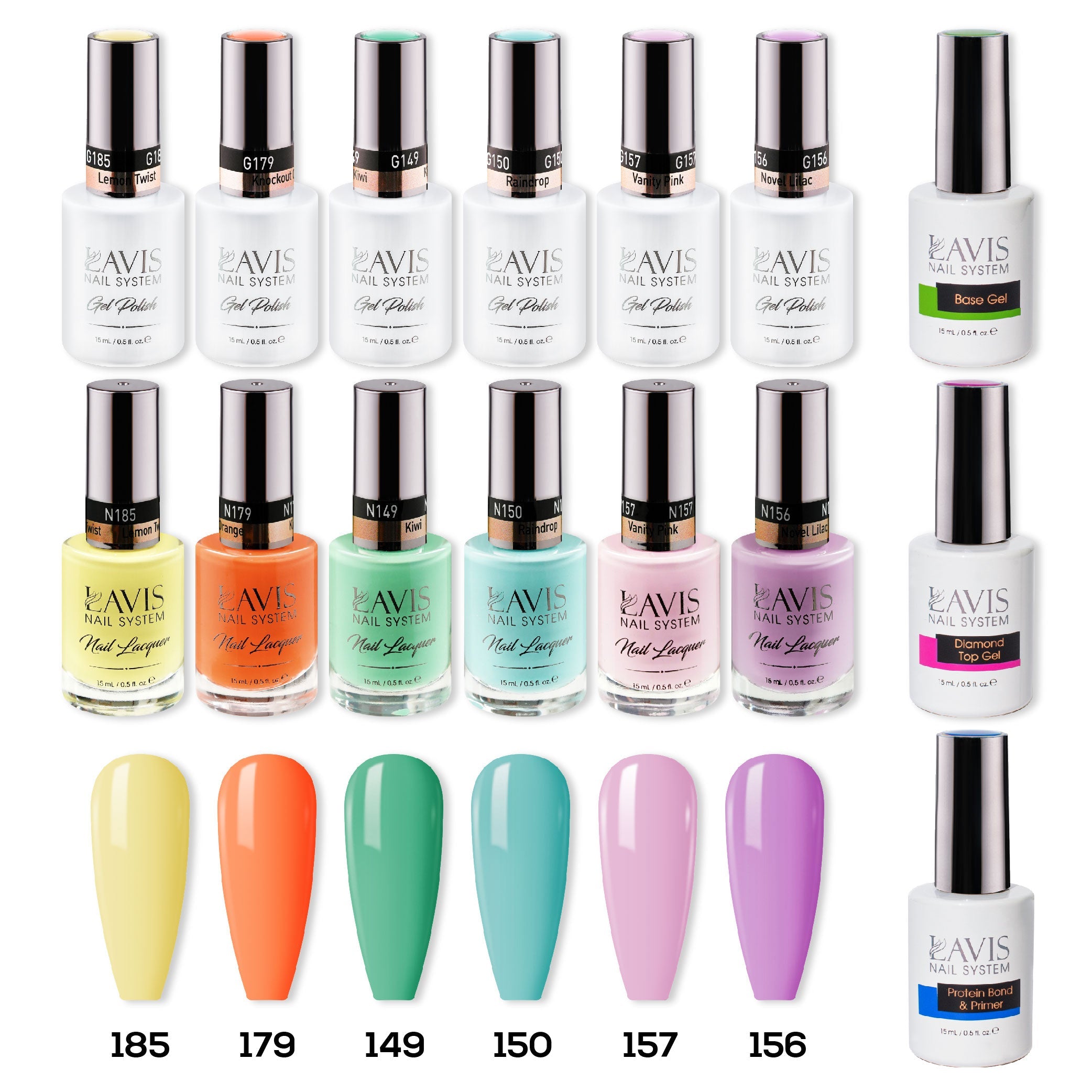  LAVIS Healthy Gel & Matching Lacquer Starter Summer Set G7: 185, 179, 149, 150, 157, 156, Base,Top & Bond Primer