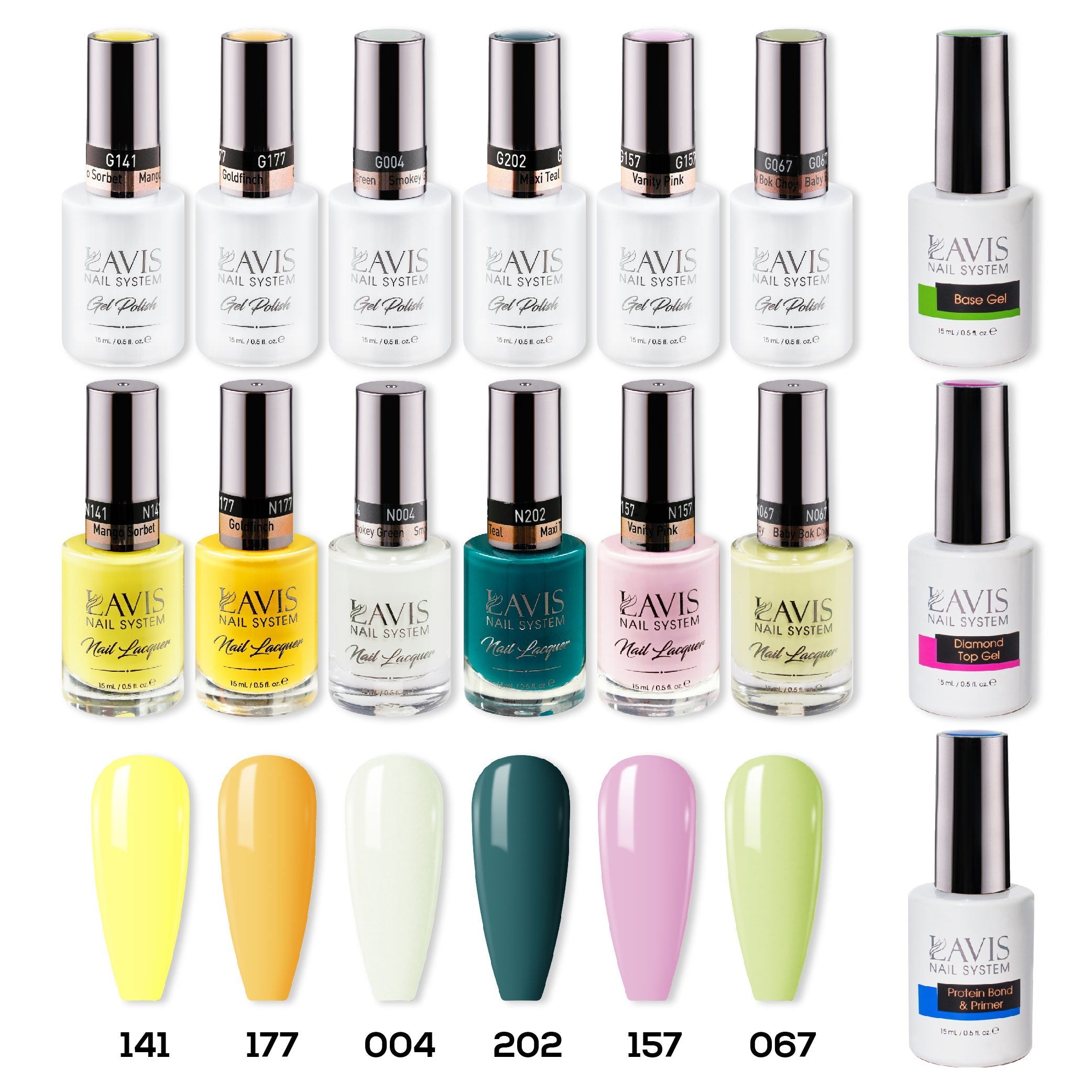  LAVIS Healthy Gel & Matching Lacquer Starter Summer Set G8: 141, 177, 004, 202, 157, 067, Base,Top & Bond Primer