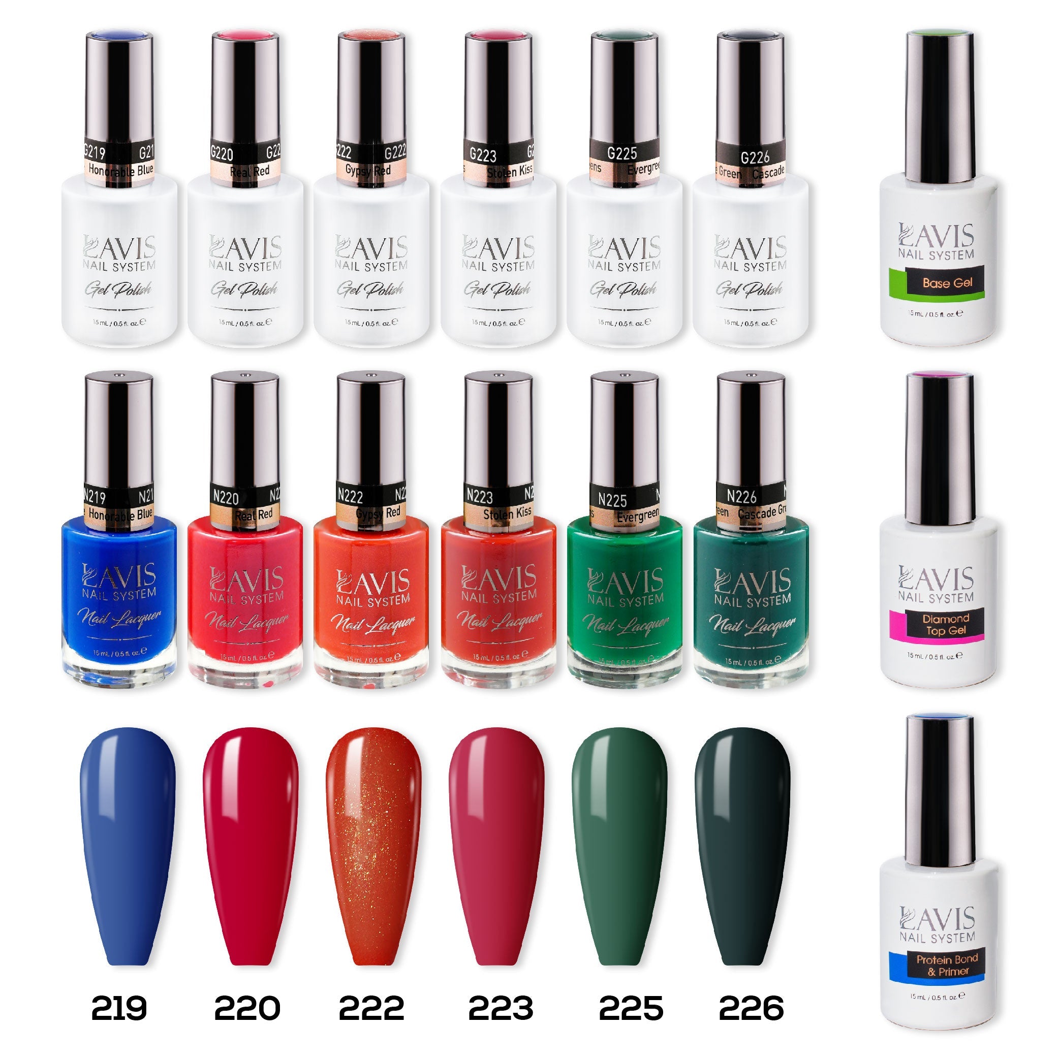  LAVIS Healthy Gel & Matching Lacquer Starter Summer Sunset With Love: 219, 220, 222, 223, 225, 226, Base,Top & Bond Primer