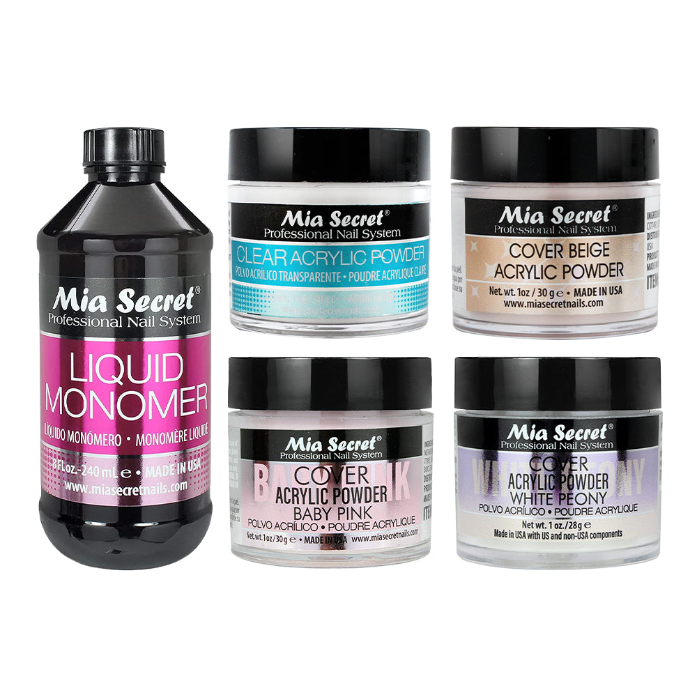 Mia Secret Kit 5: White Acrylic Powder, Cover Baby Pink, Cover Beige, Clear Acrylic Powder 1oz, Nail Liquid Monomer