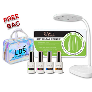 LAVIS - Almond Medium Nail Tips + Professional Mini Portable LED Nail Lamp + LAVIS Gel Base, Diamond Top, Protein Bond & Primer, Soft Gel Tip Adhesive - 0.5 oz