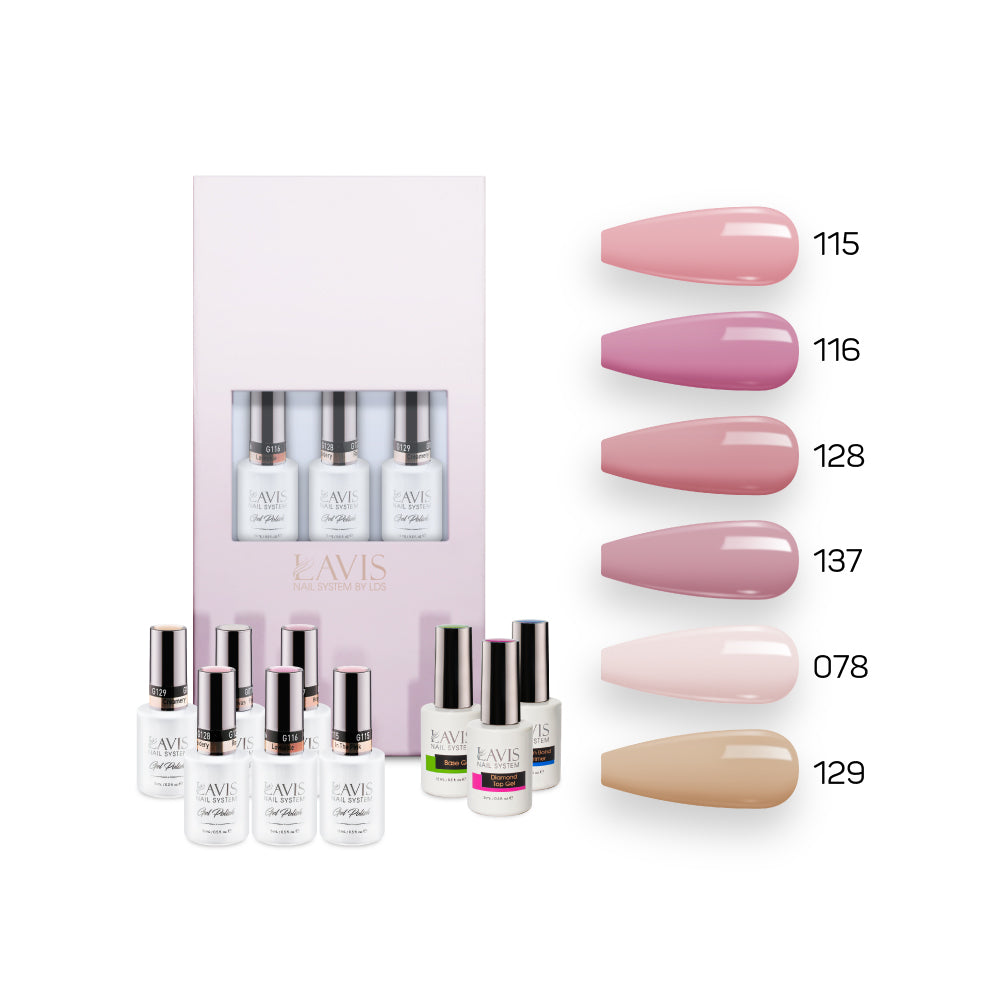  Lavis Nude Pastel 2022 Collection Gel Set 2: 6 Gel Polishes, 1 Base Gel, 1 Top Gel, 1 Protein Bond & Primer - 115; 116; 128; 137; 078; 129