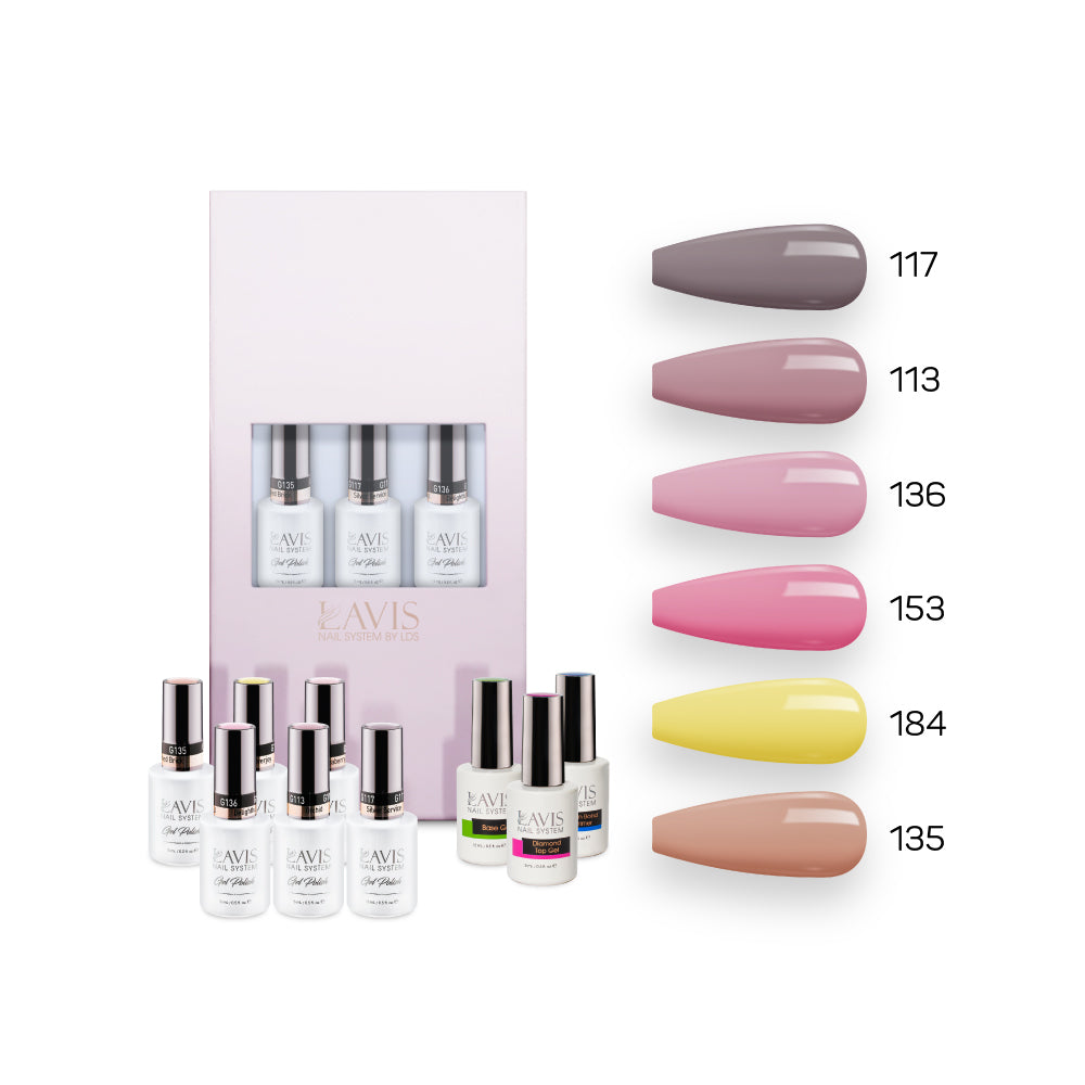  Lavis Nude Pastel 2022 Collection Gel Set 3: 6 Gel Polishes, 1 Base Gel, 1 Top Gel, 1 Protein Bond & Primer - 117; 113; 136; 153; 184; 135