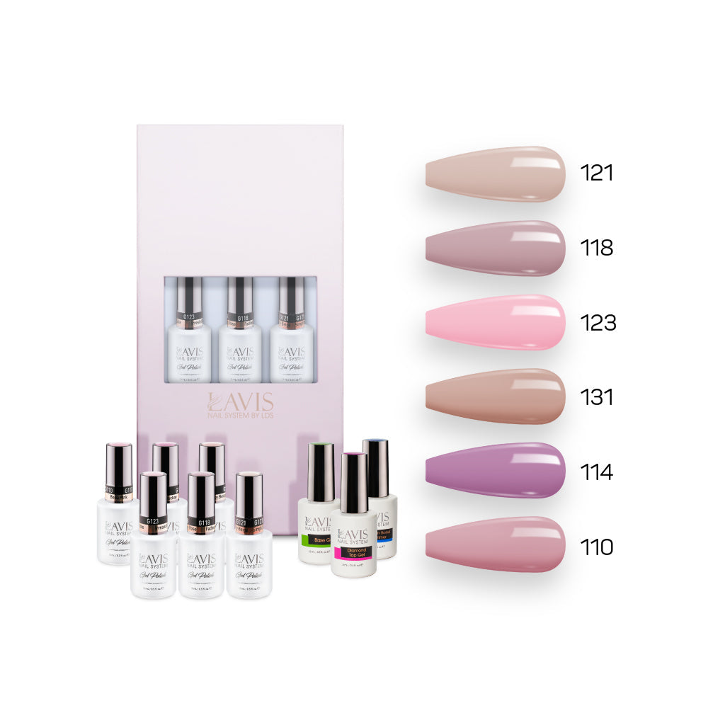  Lavis Nude Pastel 2022 Collection Gel Set 1: 6 Gel Polishes, 1 Base Gel, 1 Top Gel, 1 Protein Bond & Primer - 121; 118; 123; 131; 114; 110