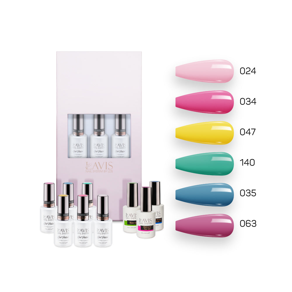  Lavis Summer Collection Gel Set 10: 6 Gel Polishes, 1 Base Gel, 1 Top Gel, 1 Protein Bond & Primer - 024; 034; 047; 140; 035; 063