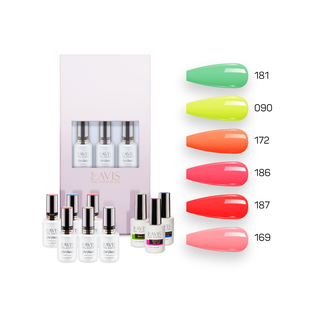  Lavis Summer Collection Gel Set 11: 6 Gel Polishes, 1 Base Gel, 1 Top Gel, 1 Protein Bond & Primer - 181; 090; 172; 186; 187; 169