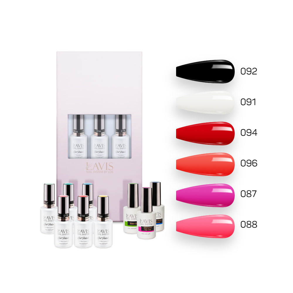  Lavis Summer Collection Gel Set 2: 6 Gel Polishes, 1 Base Gel, 1 Top Gel, 1 Protein Bond & Primer - 092; 091; 094; 096; 087; 088