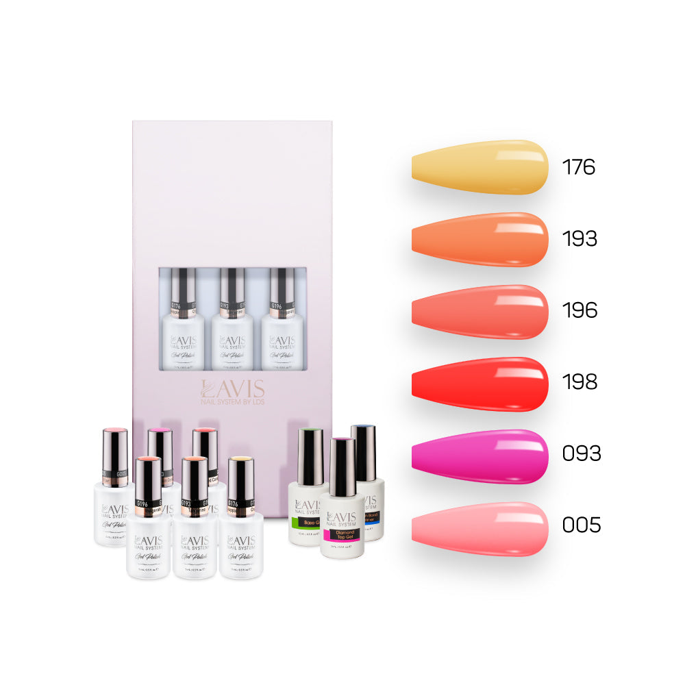  Lavis Summer Collection Gel Set 4: 6 Gel Polishes, 1 Base Gel, 1 Top Gel, 1 Protein Bond & Primer - 176; 193; 196; 198; 093; 005