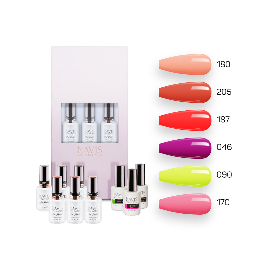  Lavis Summer Collection Gel Set 5: 6 Gel Polishes, 1 Base Gel, 1 Top Gel, 1 Protein Bond & Primer - 180; 205; 187; 046; 090; 170