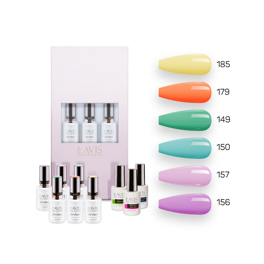  Lavis Summer Collection Gel Set 7: 6 Gel Polishes, 1 Base Gel, 1 Top Gel, 1 Protein Bond & Primer - 185; 179; 149; 150; 157; 156