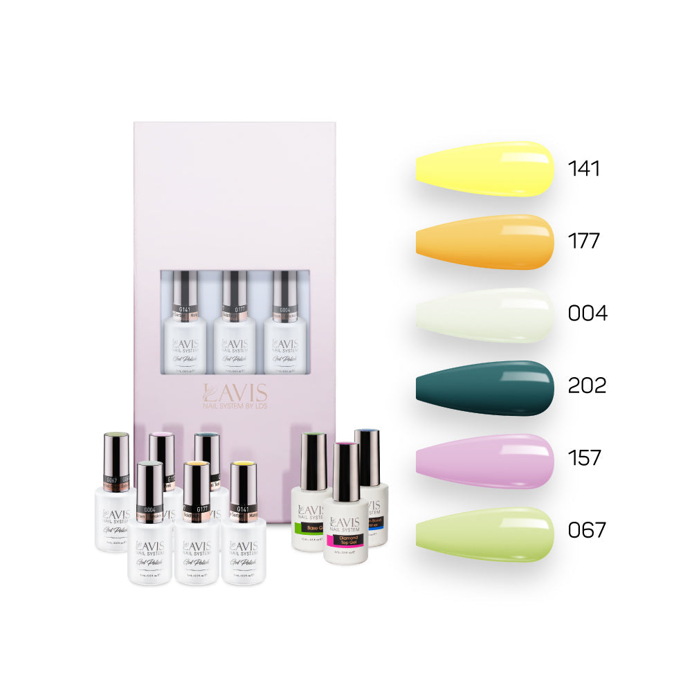  Lavis Summer Collection Gel Set 8: 6 Gel Polishes, 1 Base Gel, 1 Top Gel, 1 Protein Bond & Primer - 141; 177; 004; 202; 157; 067