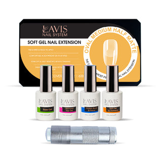LAVIS - Oval Medium Half Matte Nail Tips + UV Nail handheld lamp + LAVIS Gel Base, Diamond Top, Protein Bond & Primer, Soft Gel Tip Adhesive - 0.5 oz