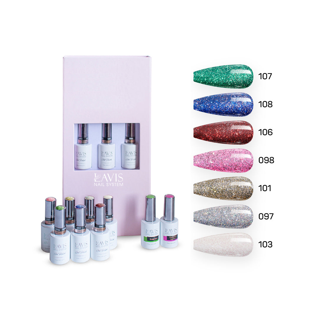 Lavis Holiday Collection: 7 Gel Polishes, 1 Base Gel, 1 Top Gel - SUNSET PARTY - 107; 108; 106; 098; 101; 097; 103 + BT