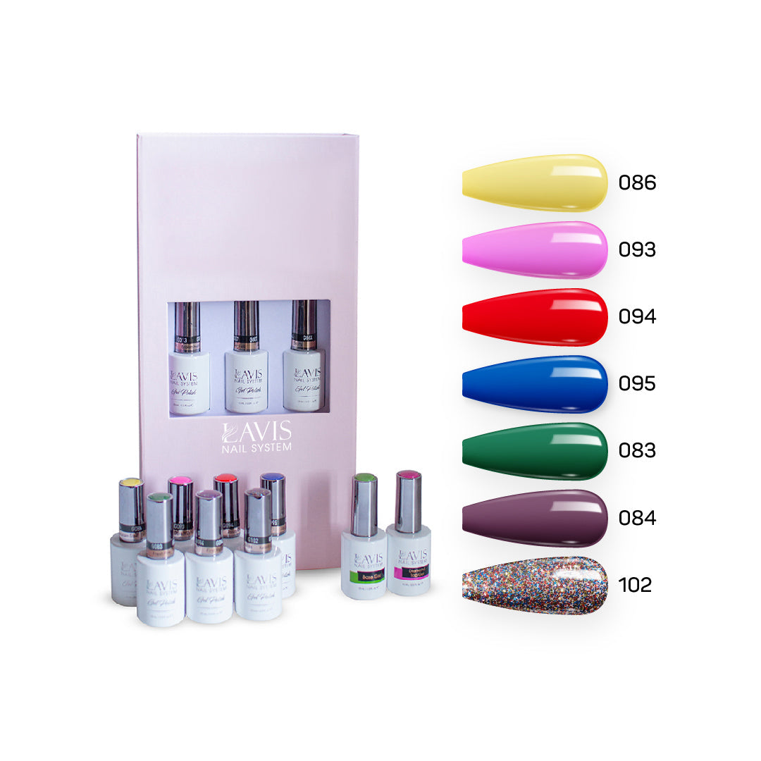 Lavis Holiday Collection: 7 Gel Polishes, 1 Base Gel, 1 Top Gel - THE ESSENTIALS - 086; 093; 094; 095; 083; 084; 102 + BT