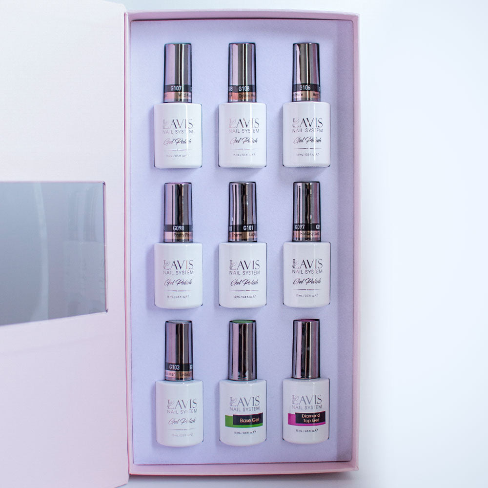 Lavis Holiday Collection: 7 Gel Polishes, 1 Base Gel, 1 Top Gel - SUNSET PARTY - 107; 108; 106; 098; 101; 097; 103 + BT