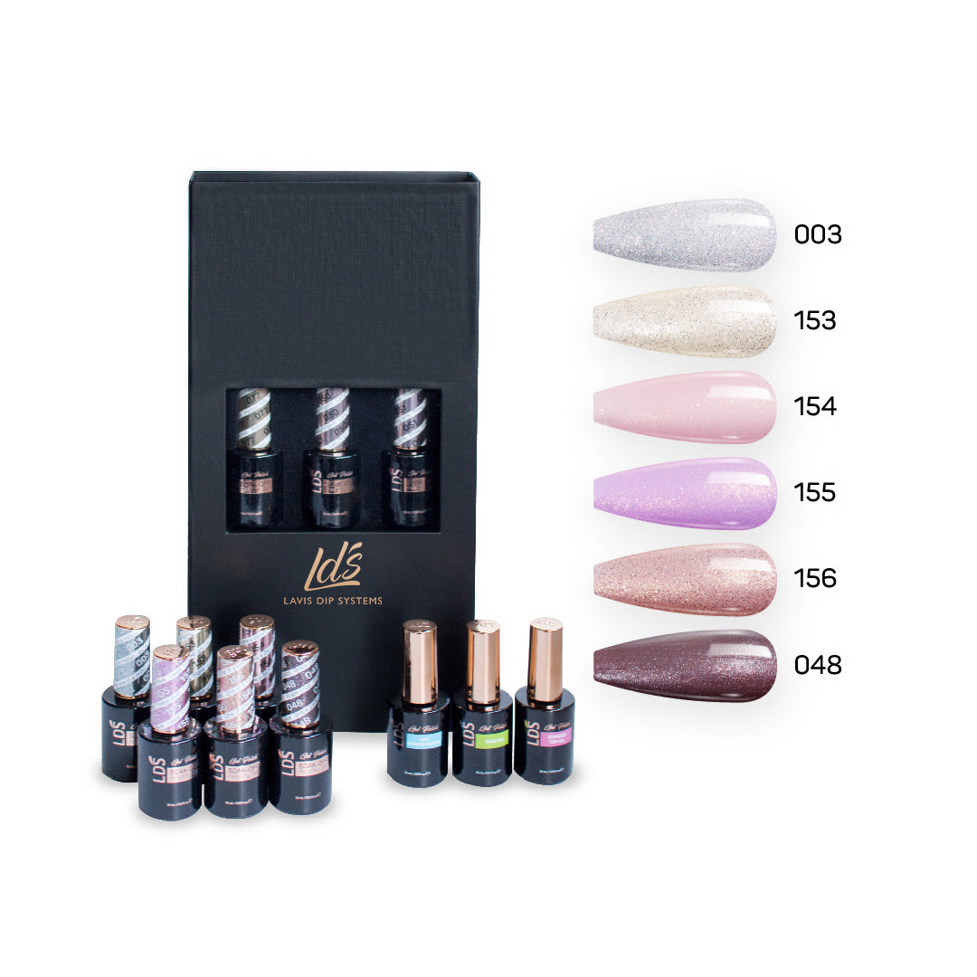 LDS Holiday Collection: 6 Healthy Gel Polishes, 1 Base Gel, 1 Top Gel, 1 Strengthener - SOFT GLAM - 003; 048; 153; 154; 155; 156