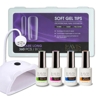 LAVIS - Square Long Clear Soft Gel Tips + LED/UV Nail Lamps 48W HS-887 + LAVIS Gel Base, Diamond Top, Protein Bond & Primer, Soft Gel Tip Adhesive - 0.5 oz