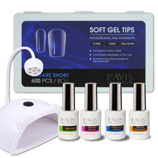 LAVIS - Square Short Clear Soft Gel Tips + LED/UV Nail Lamps 48W HS-887 + LAVIS Gel Base, Diamond Top, Protein Bond & Primer, Soft Gel Tip Adhesive - 0.5 oz