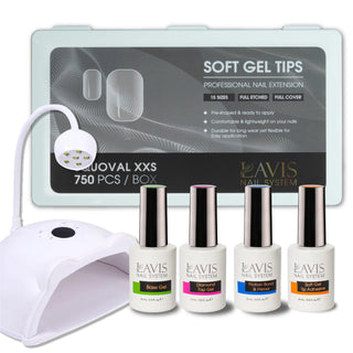 LAVIS - Squoval XXS Full Etched Soft Gel Tips + LED/UV Nail Lamps 48W HS-887 + LAVIS Gel Base, Diamond Top, Protein Bond & Primer, Soft Gel Tip Adhesive - 0.5 oz
