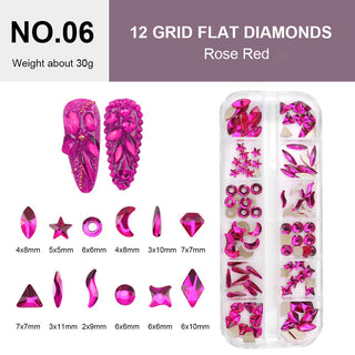 12 Grids Flat Diamonds Rhinestones #06 Rose Red