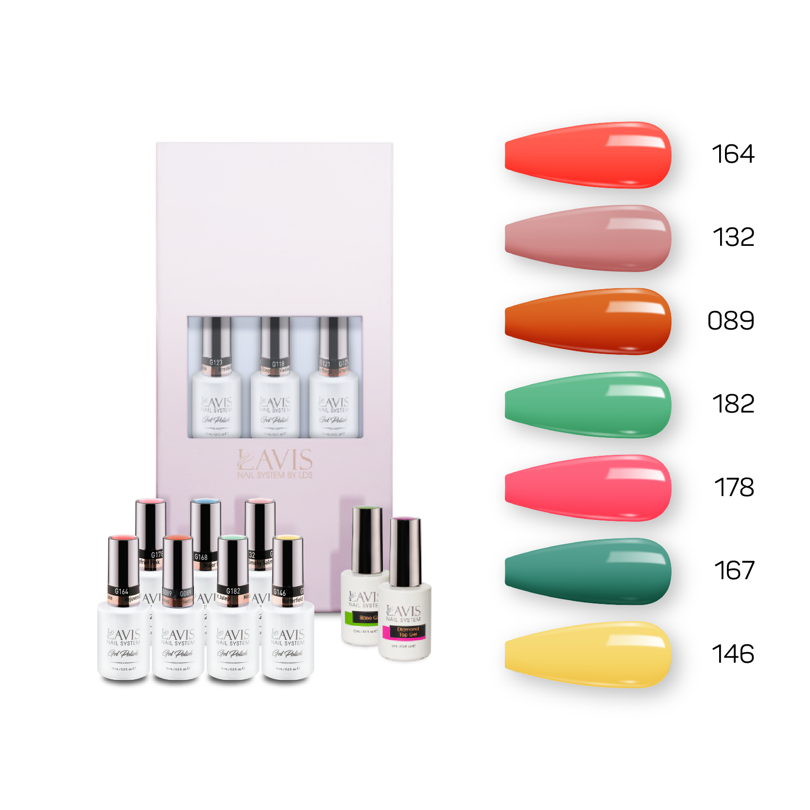 Lavis Holiday Collection: 7 Gel Polishes, 1 Base Gel, 1 Top Gel - Set 10 - 164, 132, 089, 182, 178, 167, 146 + BT