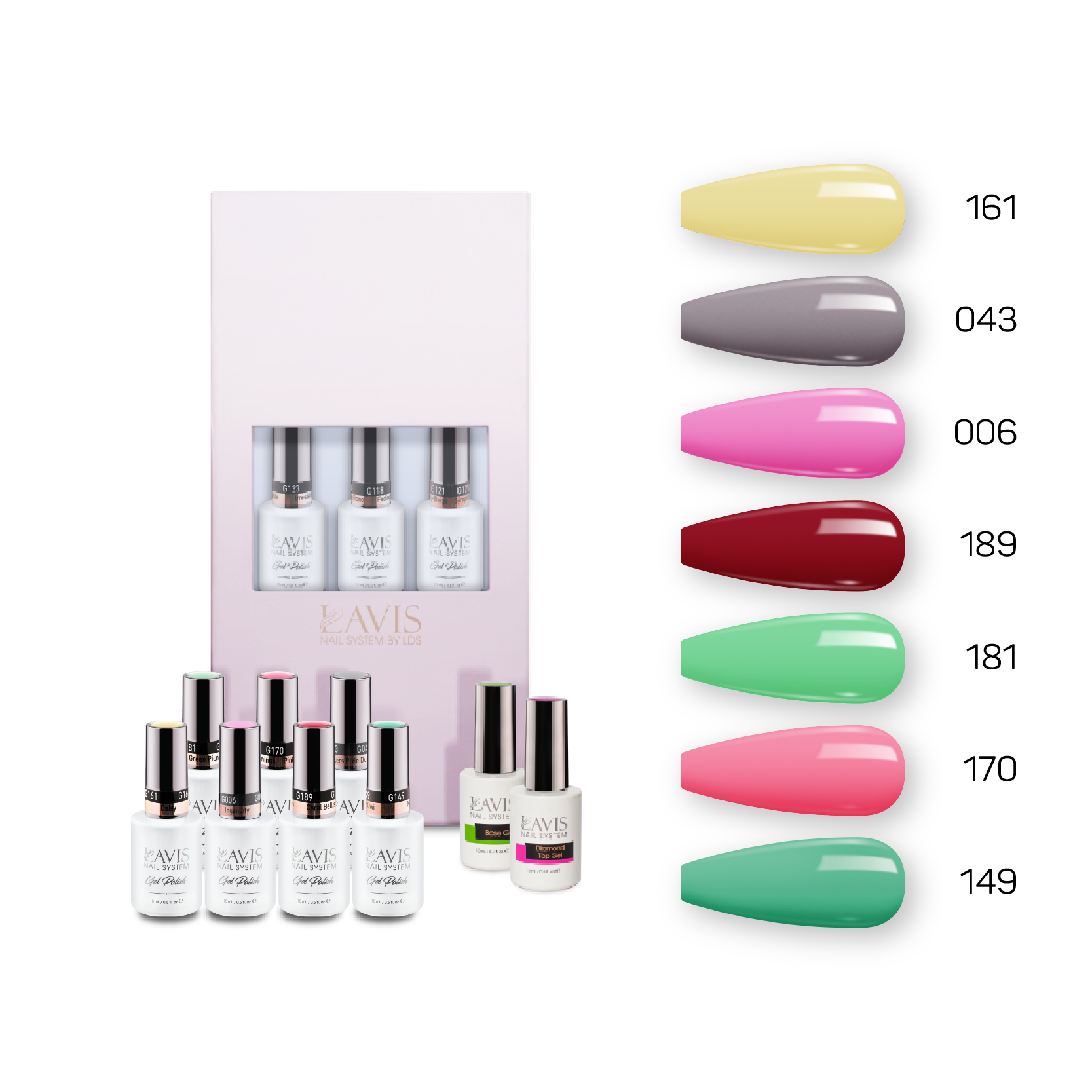 Lavis Holiday Collection: 7 Gel Polishes, 1 Base Gel, 1 Top Gel - Set 11 - 161, 043, 006, 189, 181, 170, 149 + BT